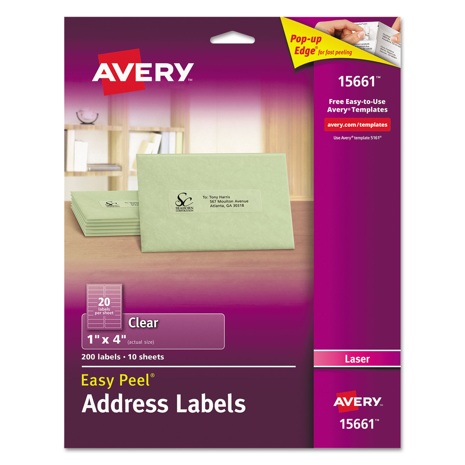  Avery 15661 Matte Clear Easy Peel Mailing Labels w/ Sure Feed Technology, Laser Printers, 1 x 4, Clear, 20/Sheet, 10 Sheets/Pack (AVE15661) 