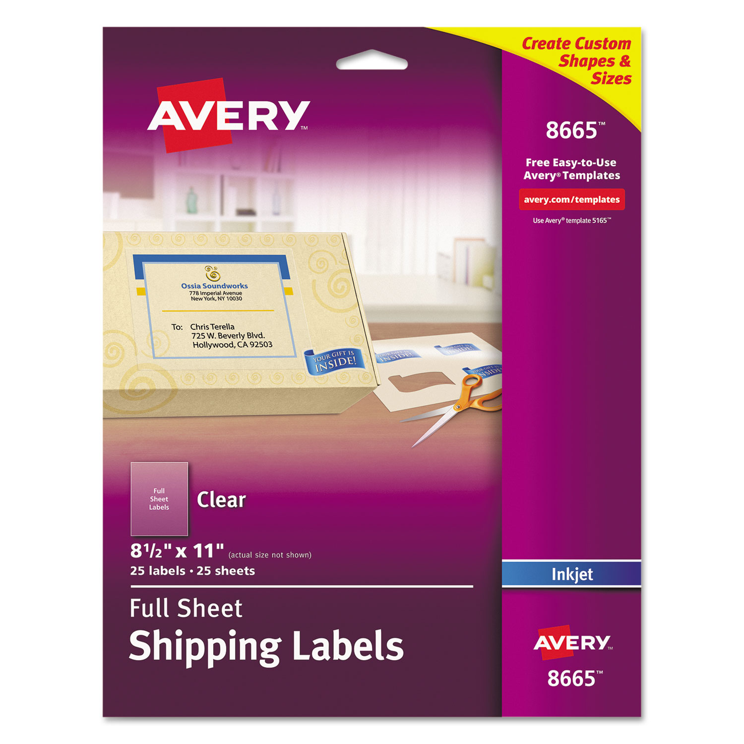  Avery 08665 Matte Clear Shipping Labels, Inkjet Printers, 8.5 x 11, Clear, 25/Pack (AVE8665) 