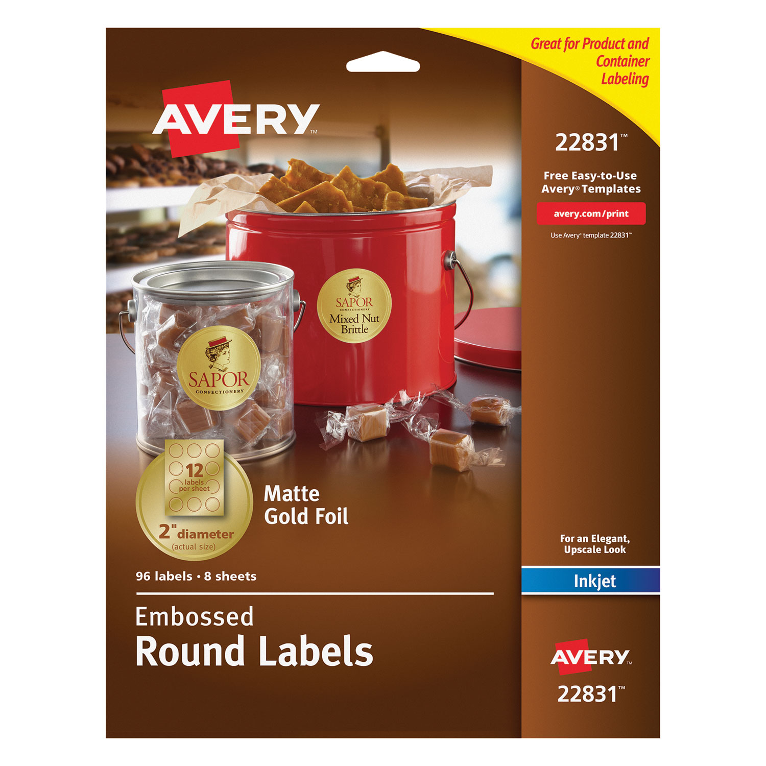 Avery 22831 Round Labels, Inkjet Printers, 2 dia., Gold, 12/Sheet, 8 Sheets/Pack (AVE22831) 