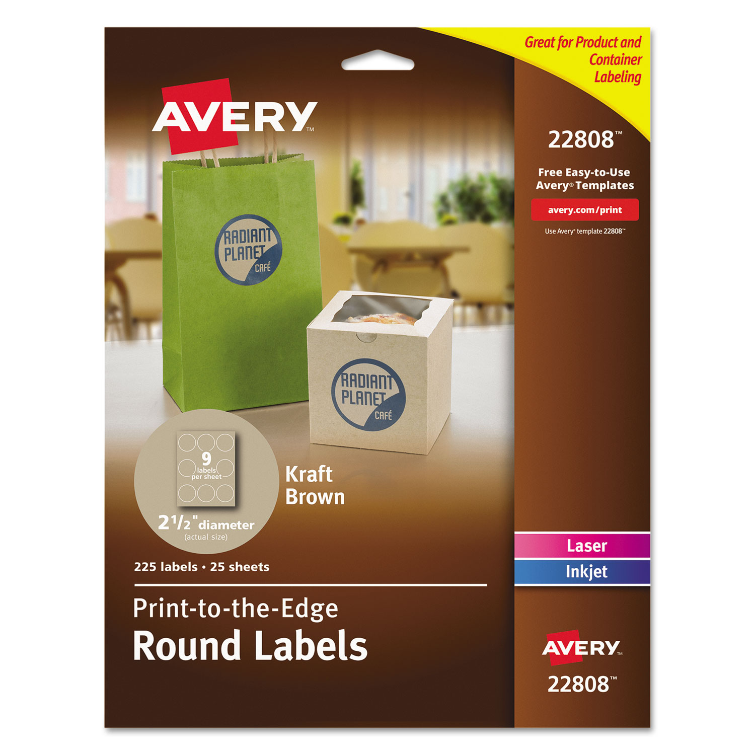 Avery 22808 Recycled Round Print-to-the Edge Labels, 2 1/2 dia, Kraft Brown, 225/PK (AVE22808) 