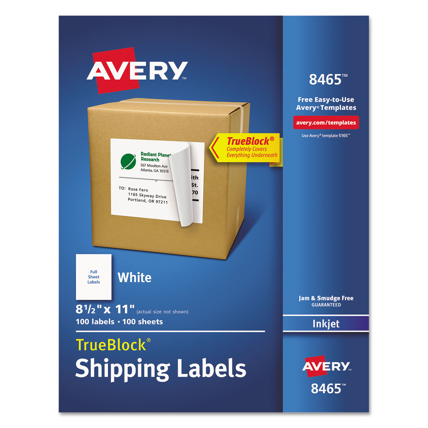  Avery 08465 Shipping Labels with TrueBlock Technology, Inkjet Printers, 8.5 x 11, White, 100/Box (AVE8465) 