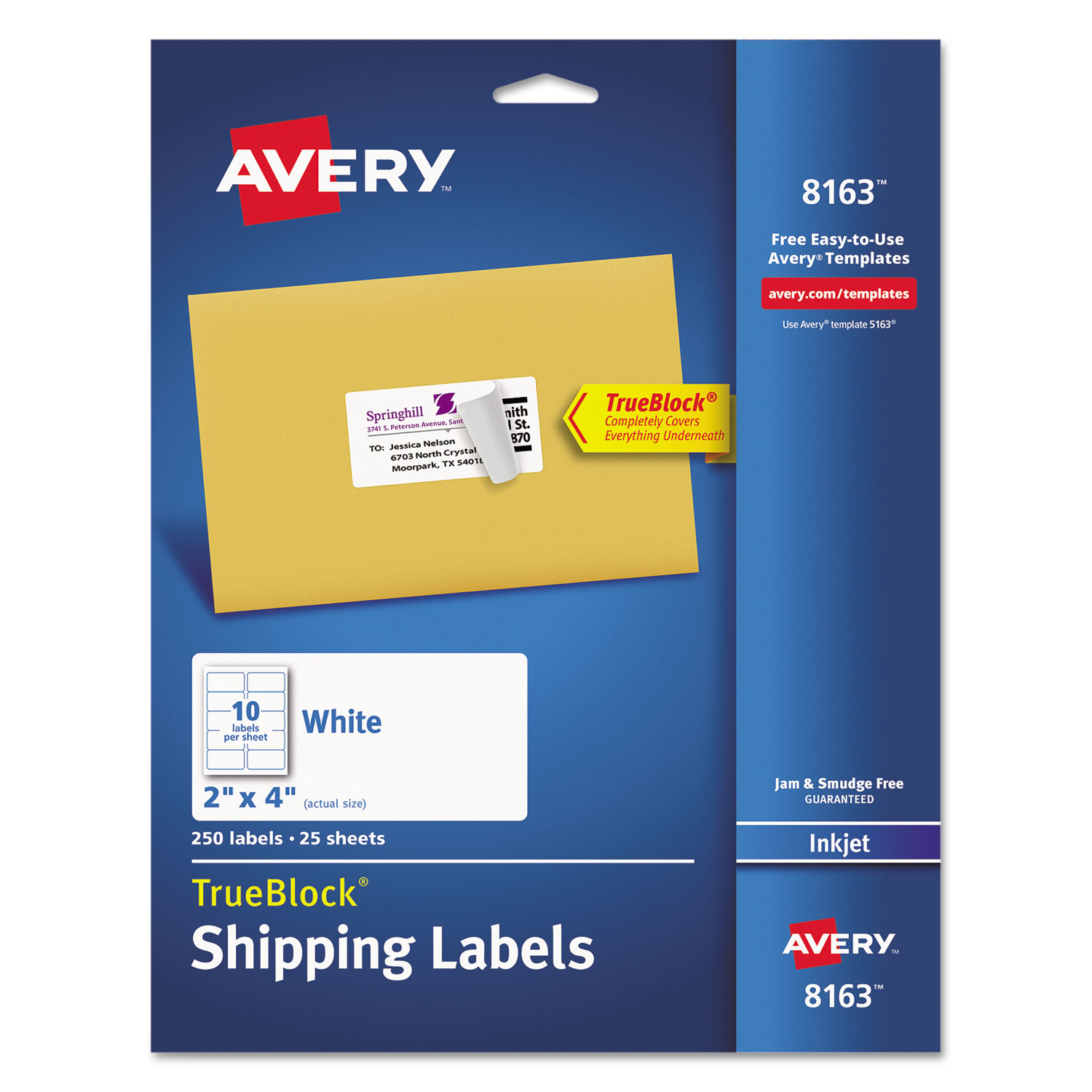  Avery 08163 Shipping Labels w/ TrueBlock Technology, Inkjet Printers, 2 x 4, White, 10/Sheet, 25 Sheets/Pack (AVE8163) 