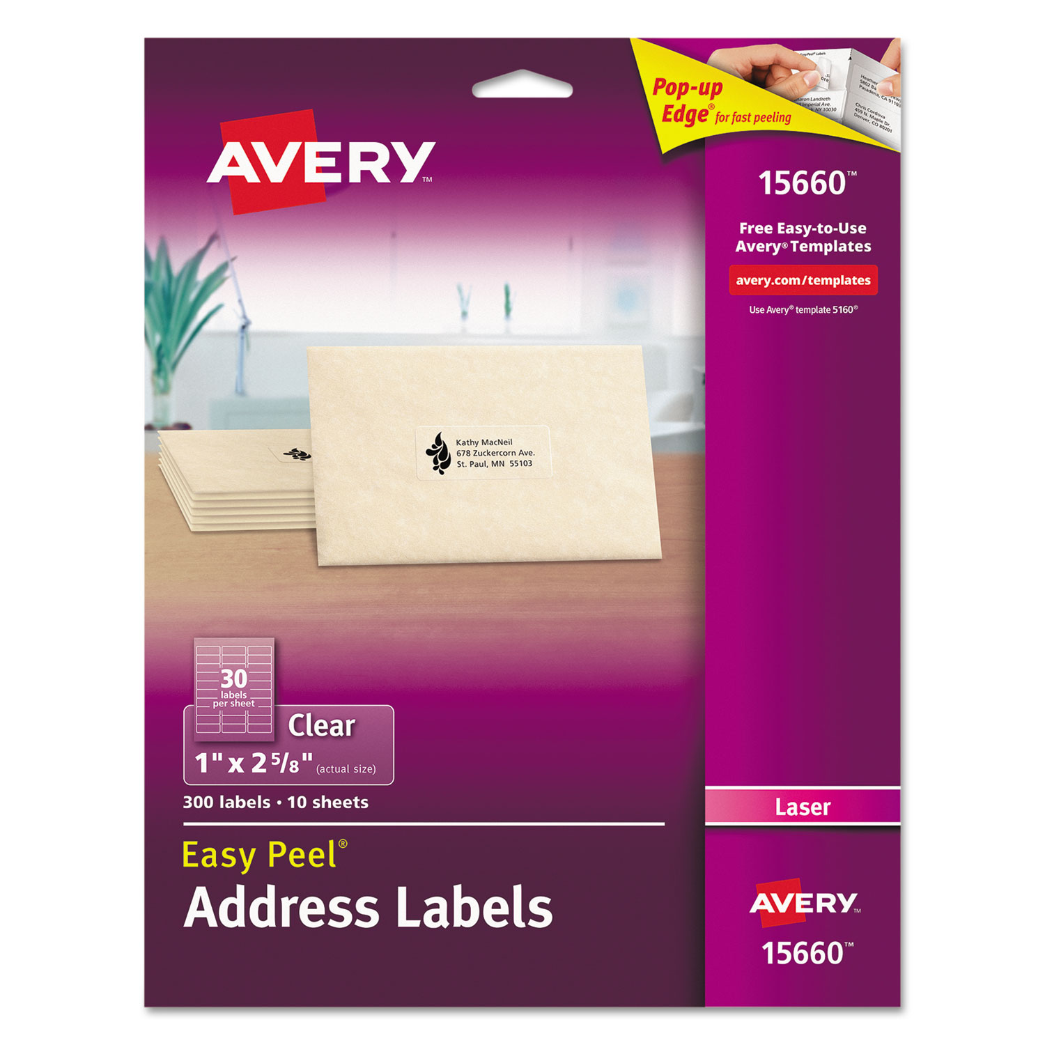  Avery 15660 Matte Clear Easy Peel Mailing Labels w/ Sure Feed Technology, Laser Printers, 1 x 2.63, Clear, 30/Sheet, 10 Sheets/Pack (AVE15660) 