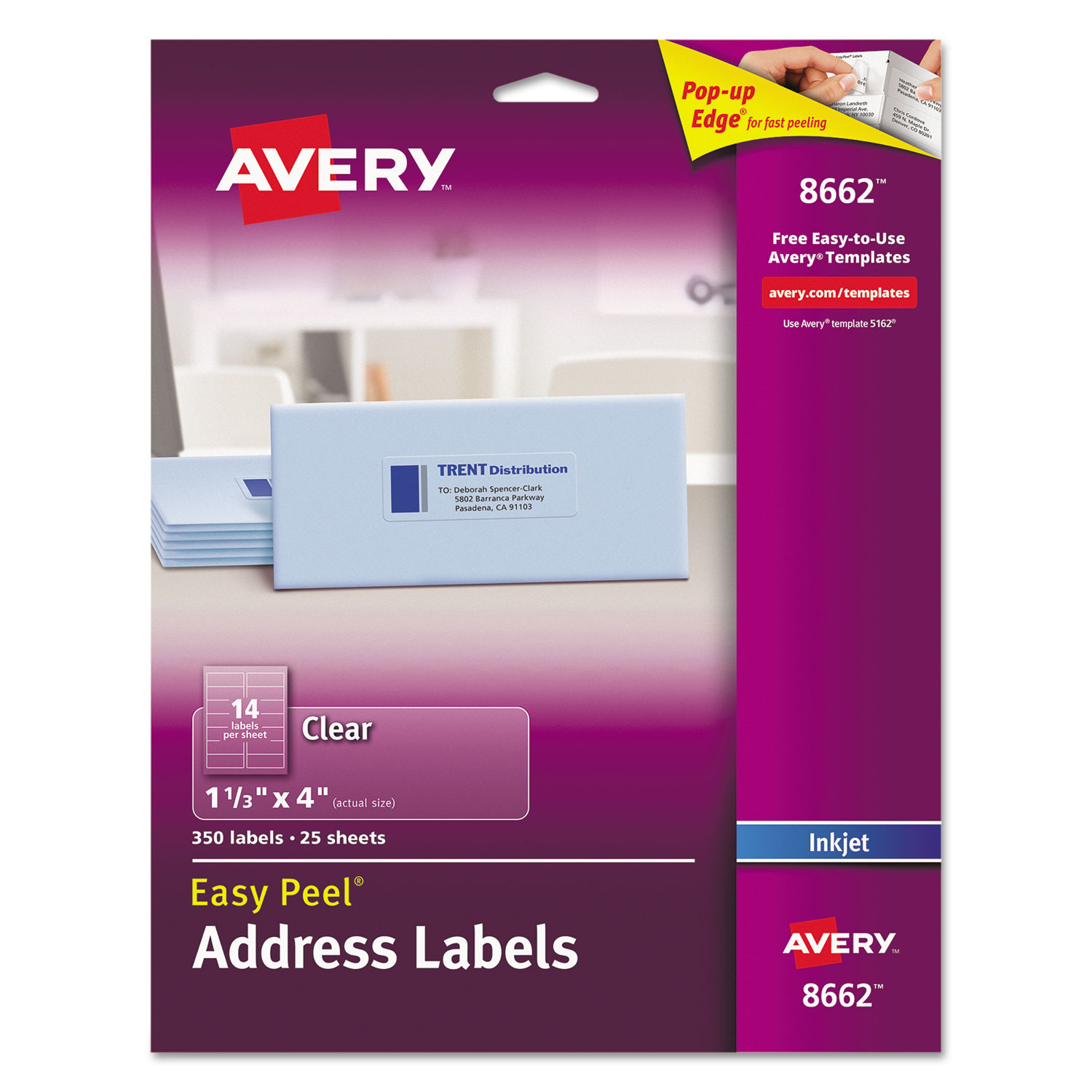  Avery 08662 Matte Clear Easy Peel Mailing Labels w/ Sure Feed Technology, Inkjet Printers, 1.33 x 4, Clear, 14/Sheet, 25 Sheets/Pack (AVE8662) 