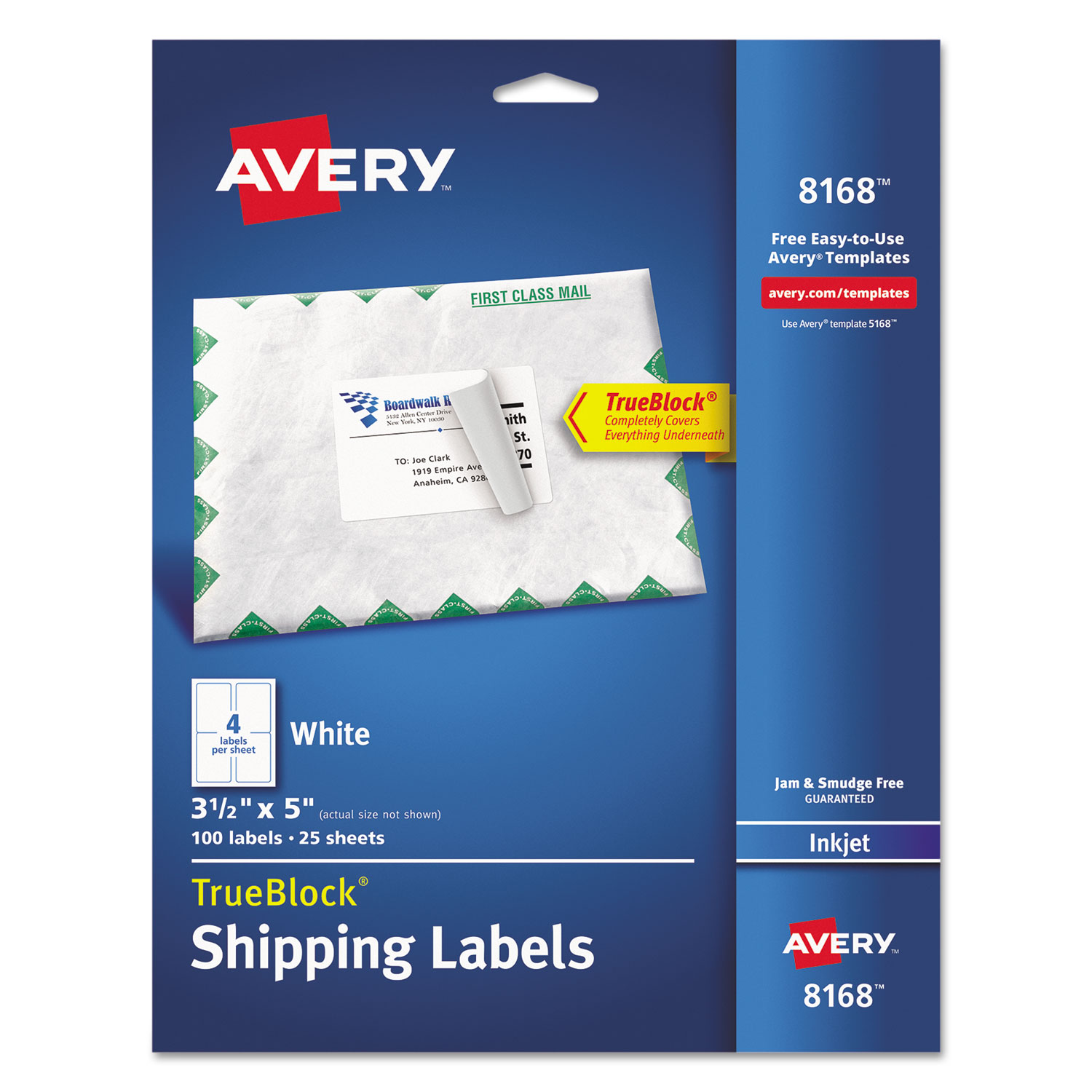  Avery 08168 Shipping Labels w/ TrueBlock Technology, Inkjet Printers, 3.5 x 5, White, 4/Sheet, 25 Sheets/Pack (AVE8168) 