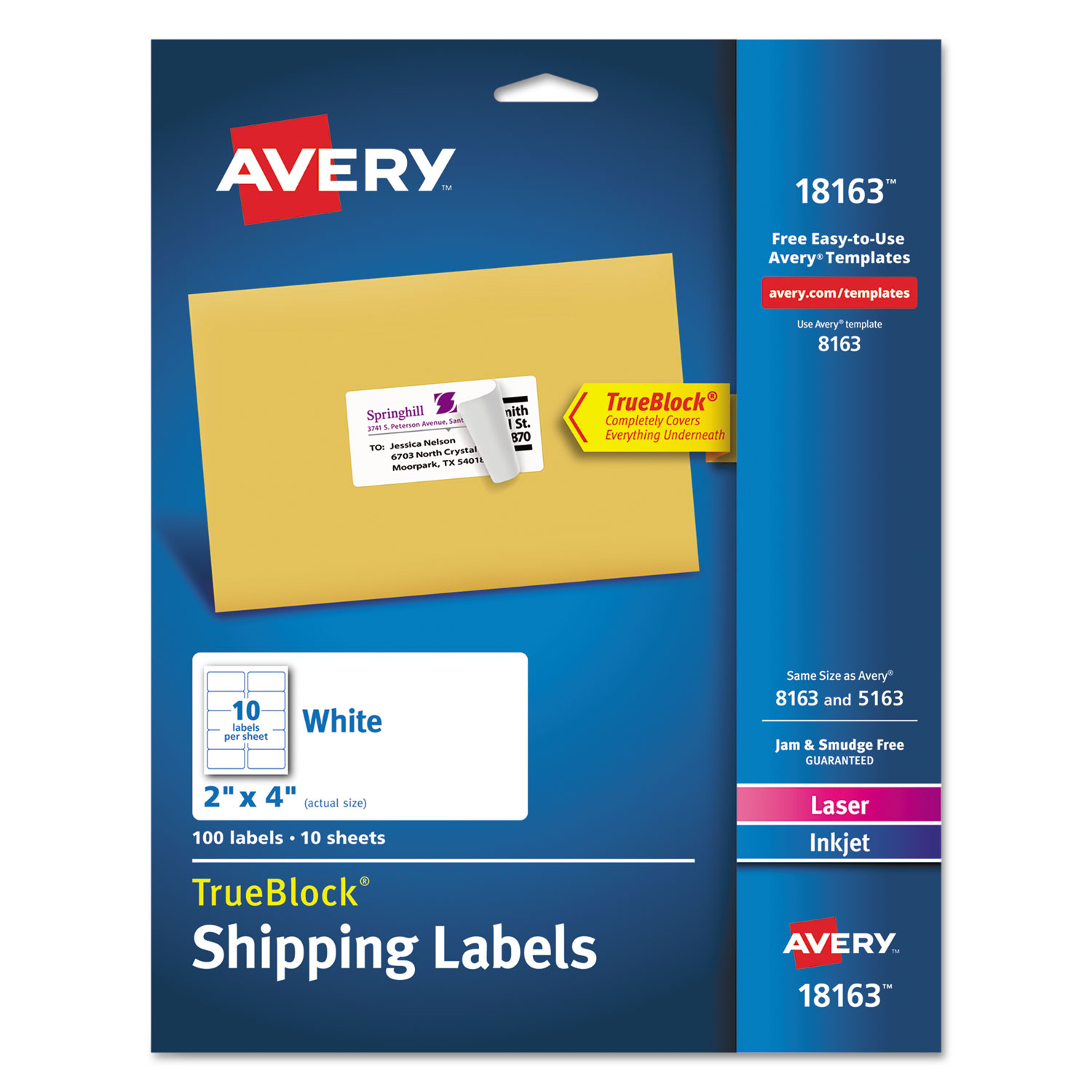  Avery 18163 Shipping Labels w/ TrueBlock Technology, Inkjet Printers, 2 x 4, White, 10/Sheet, 10 Sheets/Pack (AVE18163) 