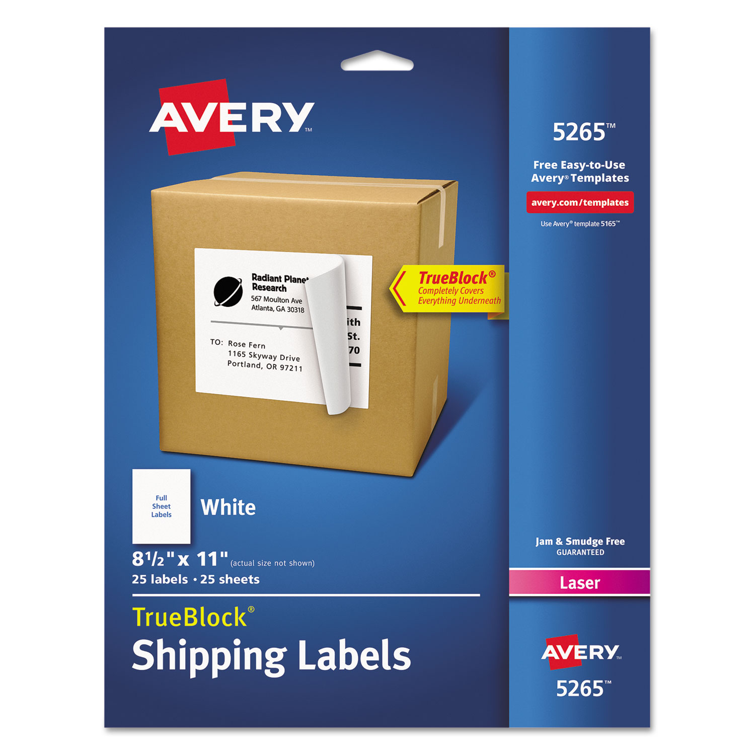  Avery 05265 Shipping Labels with TrueBlock Technology, Laser Printers, 8.5 x 11, White, 25/Pack (AVE5265) 