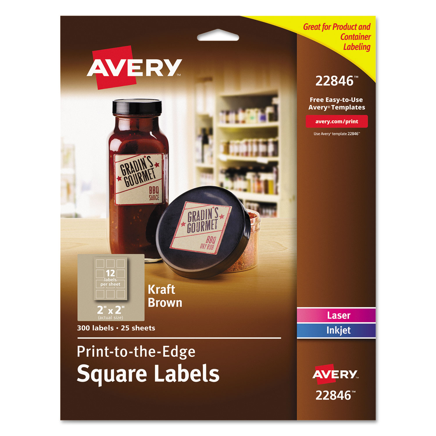  Avery 22846 Square Print-to-the-Edge Labels, Inkjet/Laser Printers, 2 x 2, Kraft Brown, 12/Sheet, 25 Sheets/Pack (AVE22846) 