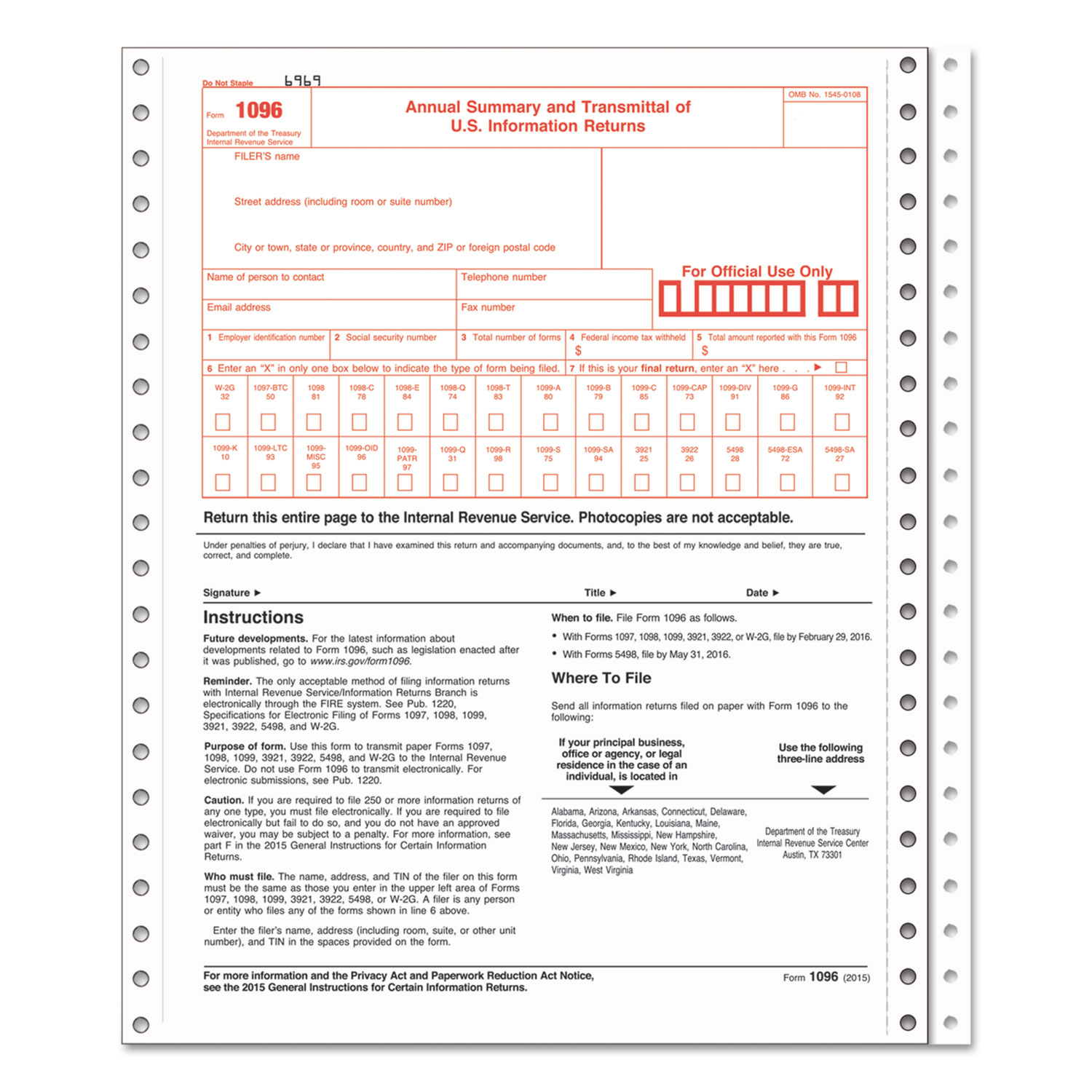  TOPS 2202 1096 Summary Transmittal Tax Forms, 2-Part Carbonless, 8 x 11, 10 Forms (TOP2202) 