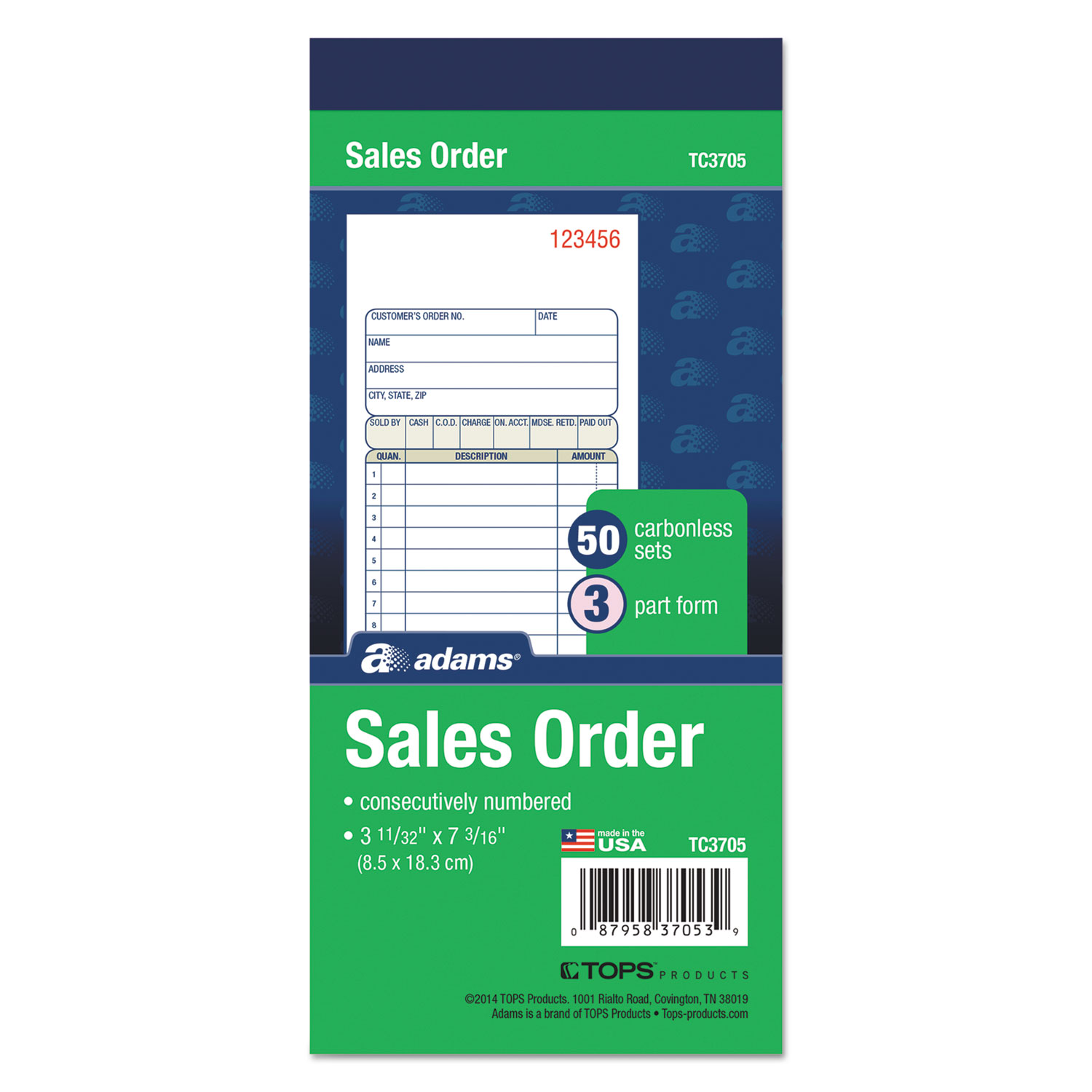 Carbonless Sales Order Book, Three-Part Carbonless, 3 1/4 x 7 1/8, 50 sheets