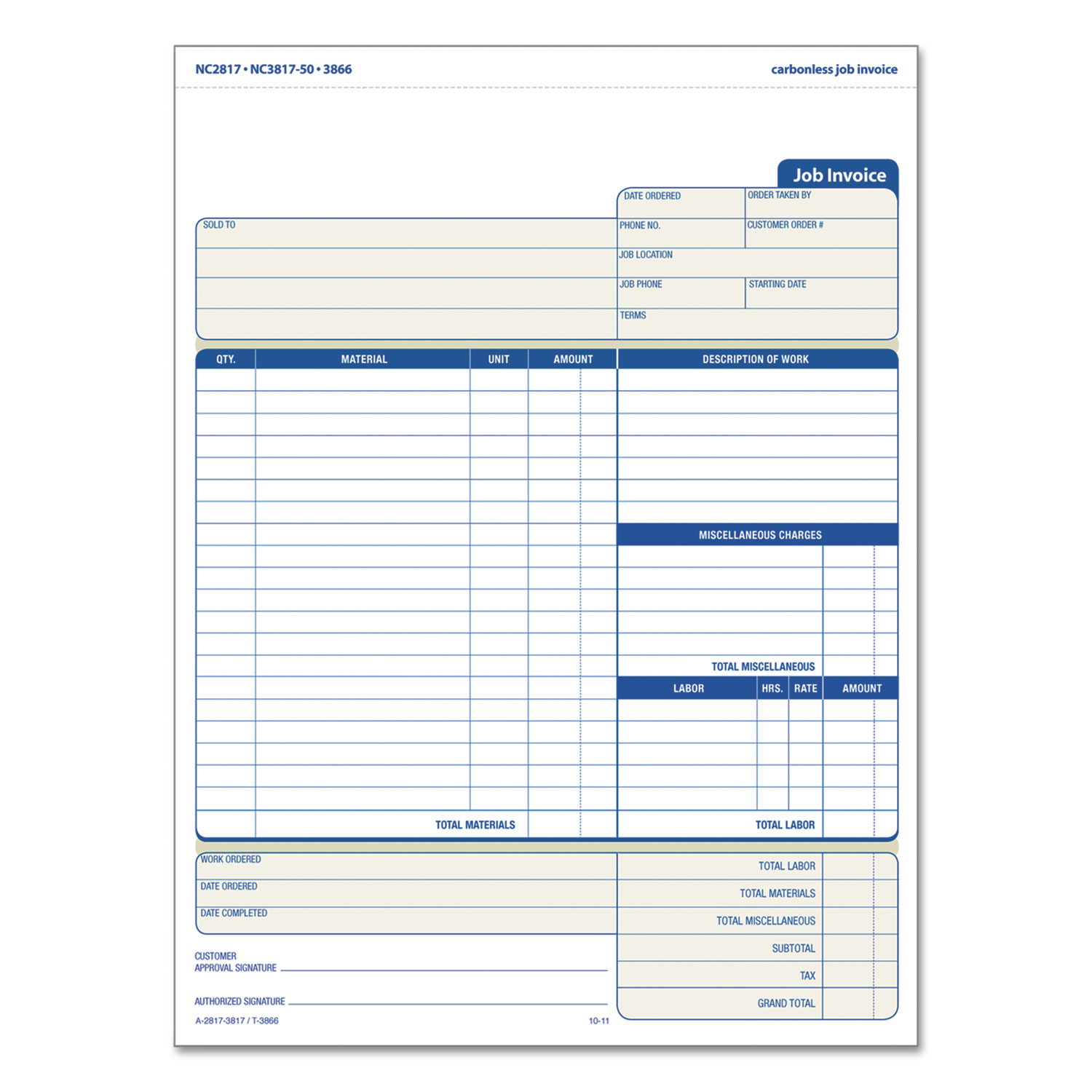  TOPS 3866 Snap-Off Job Invoice Form, 8 1/2 x 11 5/8, Three-Part Carbonless, 50 Forms (TOP3866) 