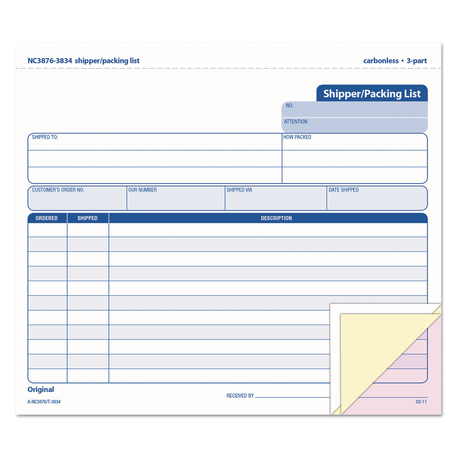 Snap-Off Shipper/Packing List, 8 1/2 x 7, Three-Part Carbonless, 50 Forms