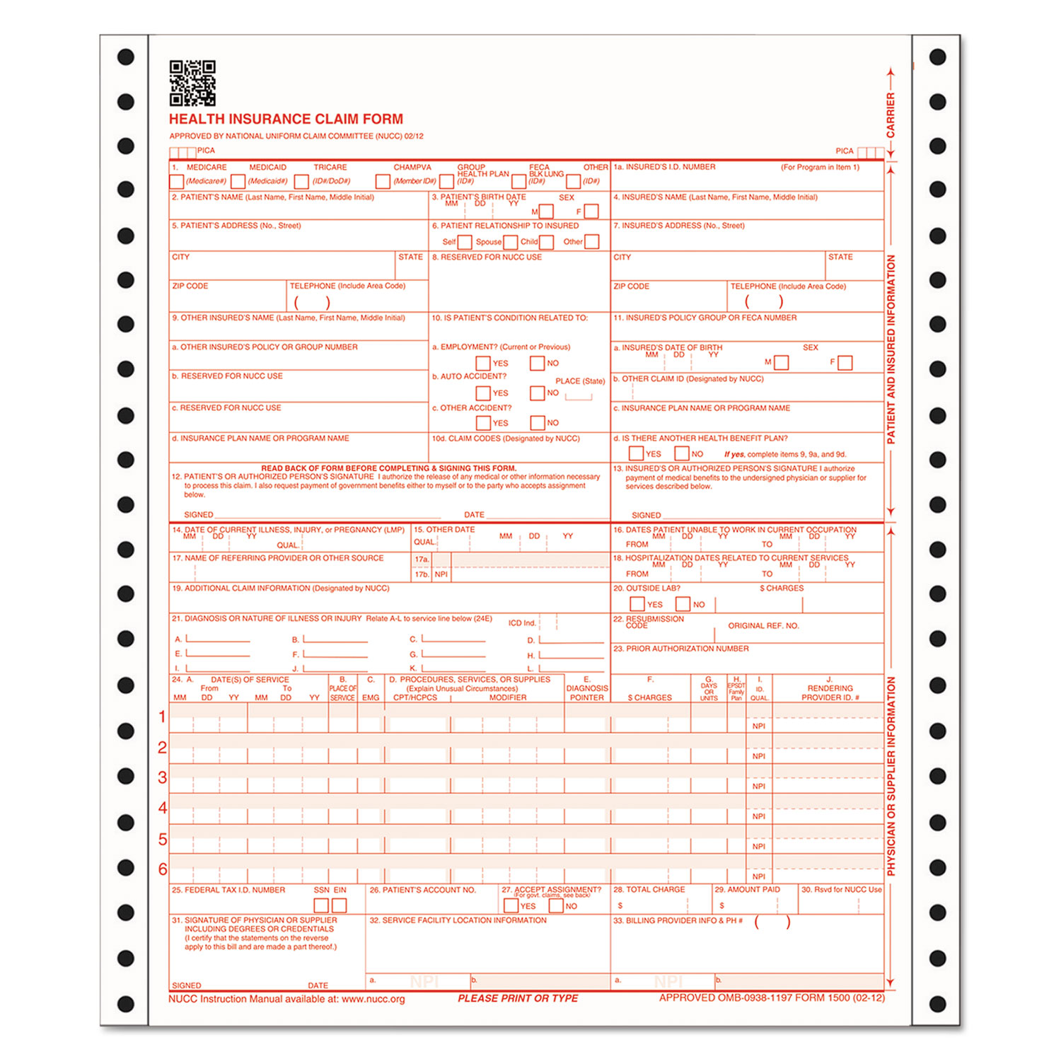 Adams® CMS Health Insurance Claim Form, 9-1/2 x 11, Three-Part, 100 Continuous Forms