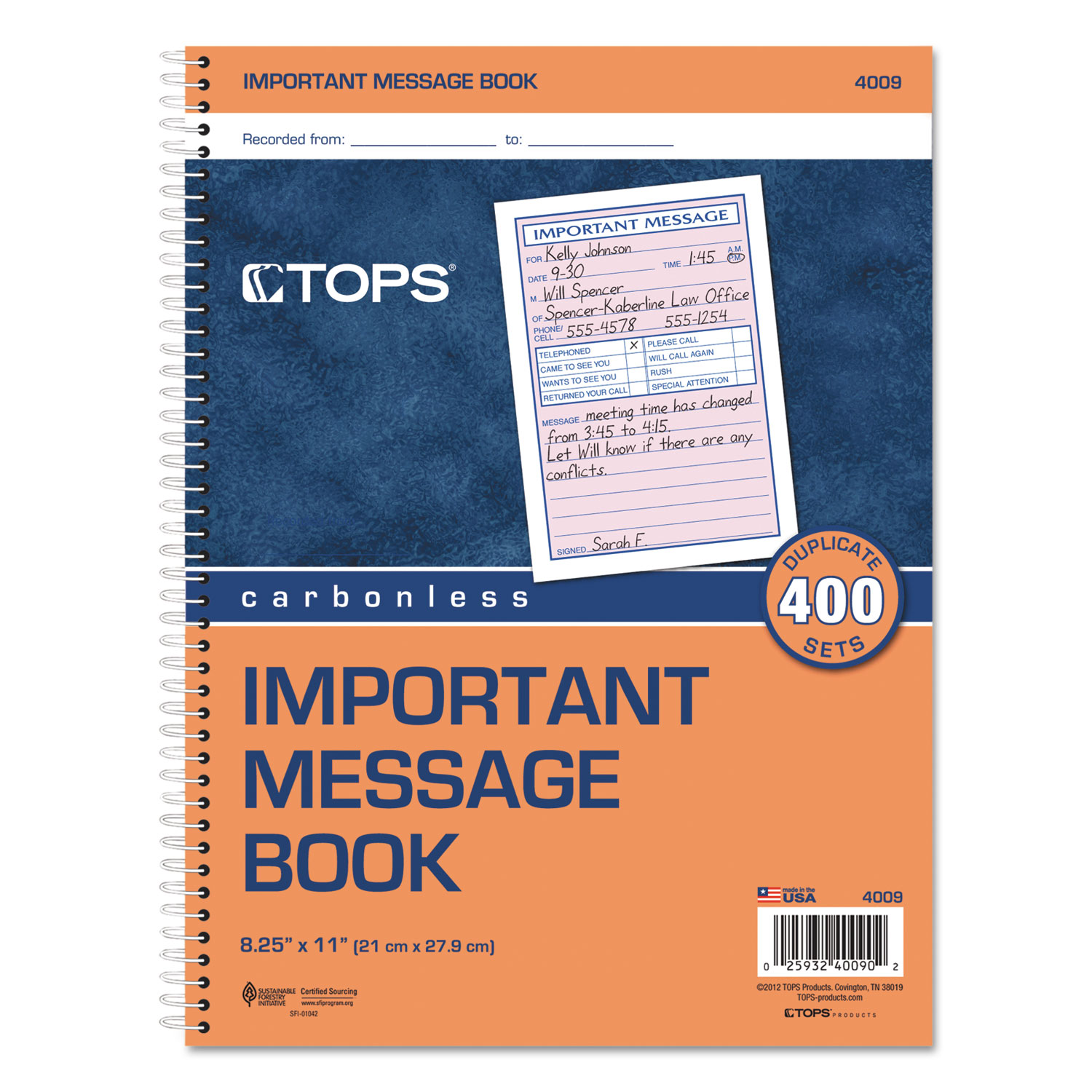 Telephone Message Book, Fax/Mobile Section, 5 1/2 x 3 3/16, Two-Part, 400/Book