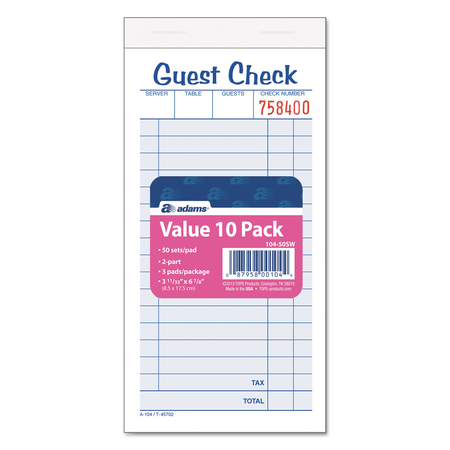 Guest Check Unit Set, Carbonless Duplicate, 6 7/8 x 3 3/8, 50 Forms, 10/Pack