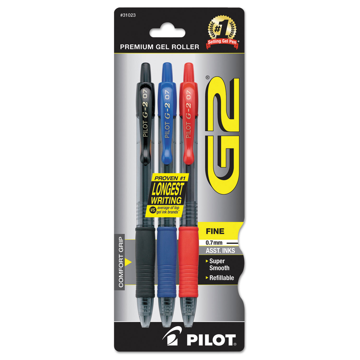  Pilot 31023 G2 Premium Retractable Gel Pen, 0.7mm, Assorted Ink, Smoke Barrel, 3/Pack (PIL31023) 