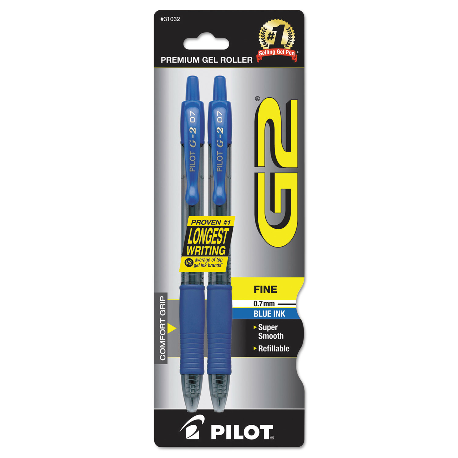  Pilot 31032 G2 Premium Retractable Gel Pen, 0.7mm, Blue Ink, Smoke Barrel, 2/Pack (PIL31032) 