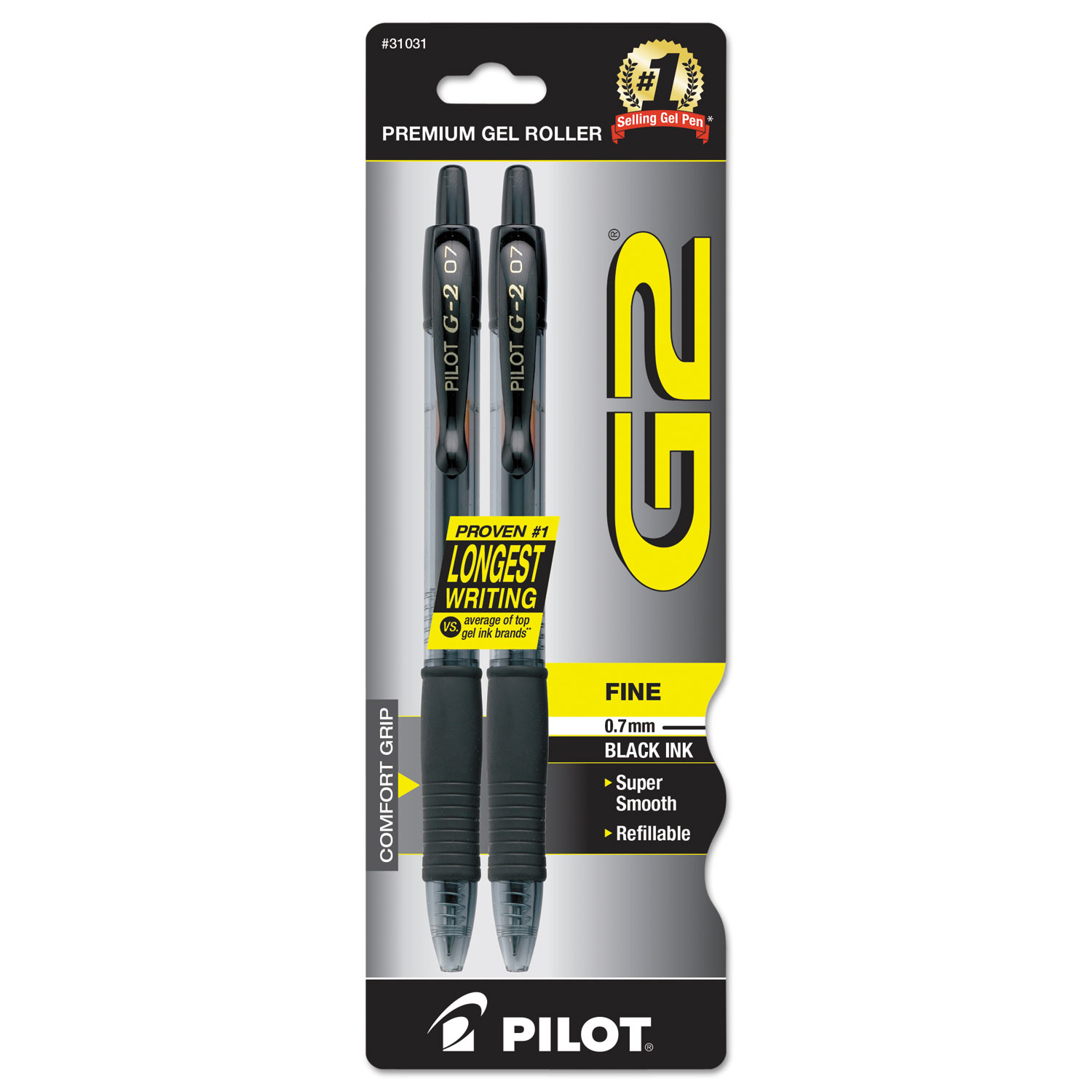  Pilot 31031 G2 Premium Retractable Gel Pen, 0.7mm, Black Ink, Smoke Barrel, 2/Pack (PIL31031) 
