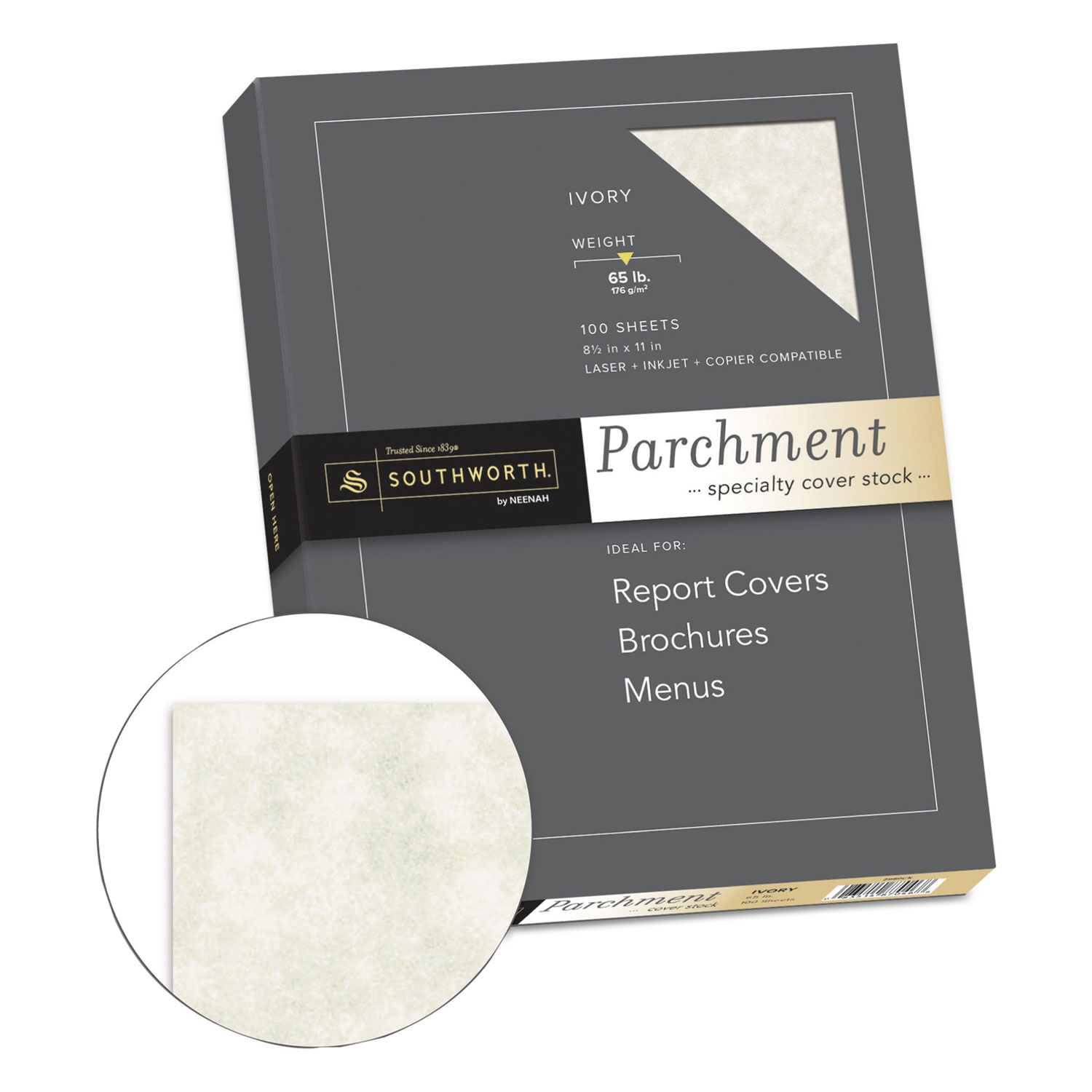 Parchment Specialty Paper, 65 lb Cover Weight, 8.5 x 11, Ivory, 100/Box