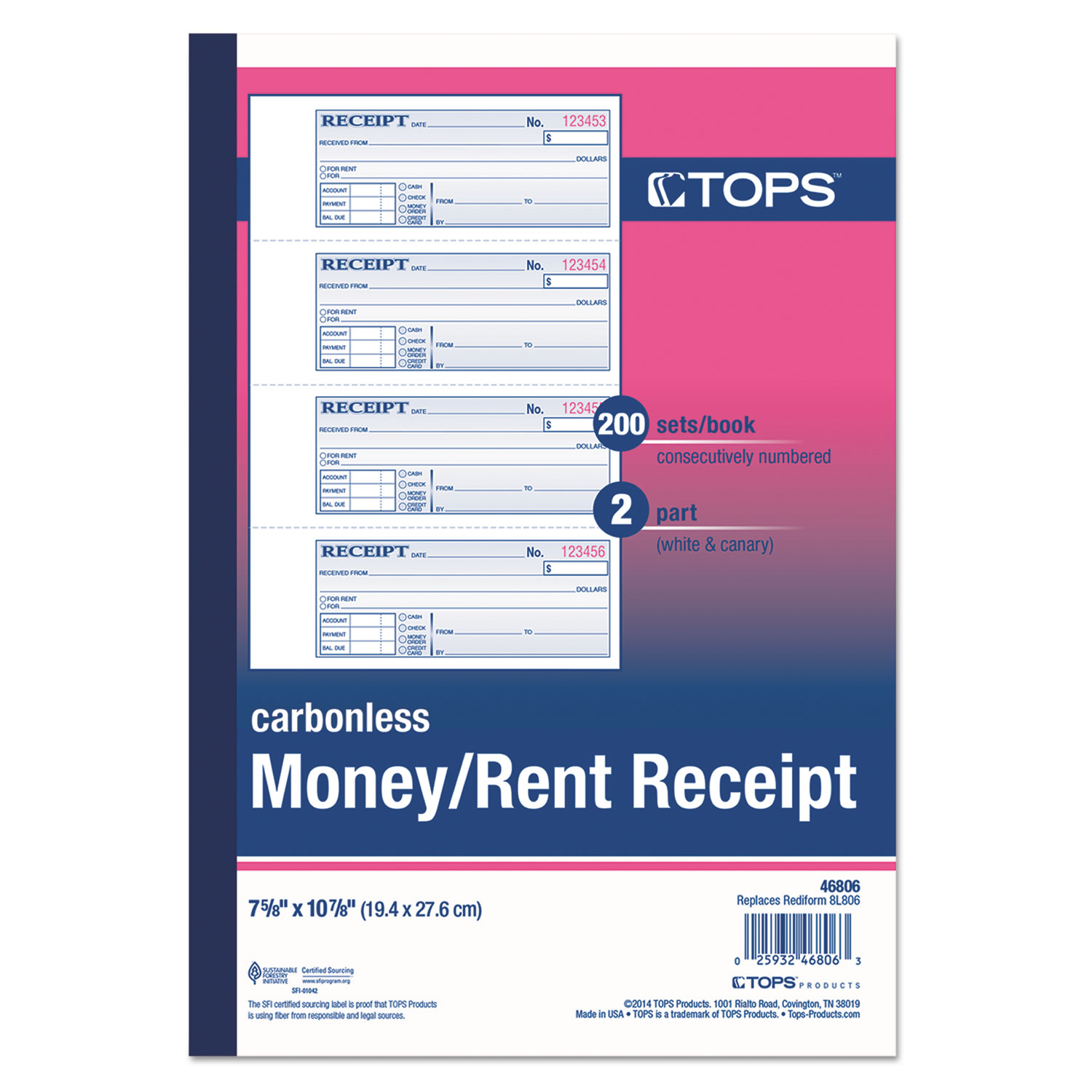 Money and Rent Receipt Books, 2-3/4 x 7 1/8, Two-Part Carbonless, 200 Sets/Book