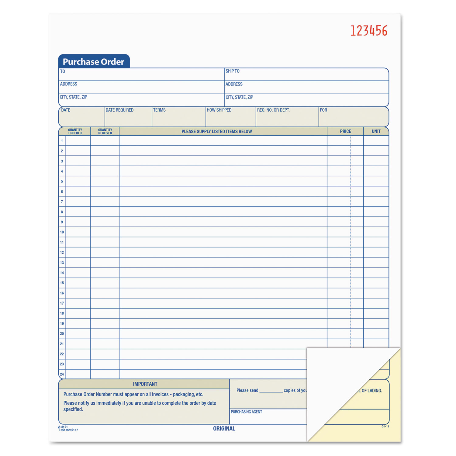  TOPS 46146 Purchase Order Book, 8 3/8 x 10 3/16, Two-Part Carbonless, 50 Sets/Book (TOP46146) 