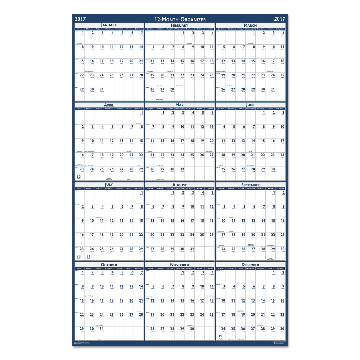 Recycled Poster Style Reversible/Erasable Yearly Wall Calendar, 32 x 48, 2018
