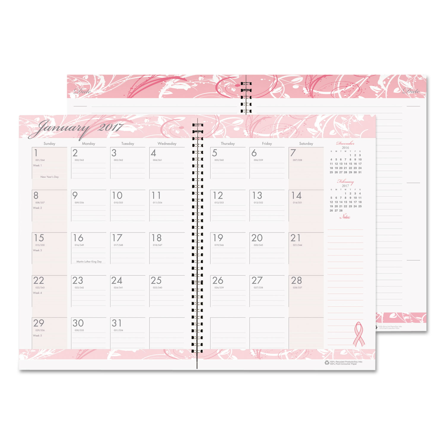 Recycled Breast Cancer Awareness Monthly Planner/Journal, 7 x 10, Pink, 2018