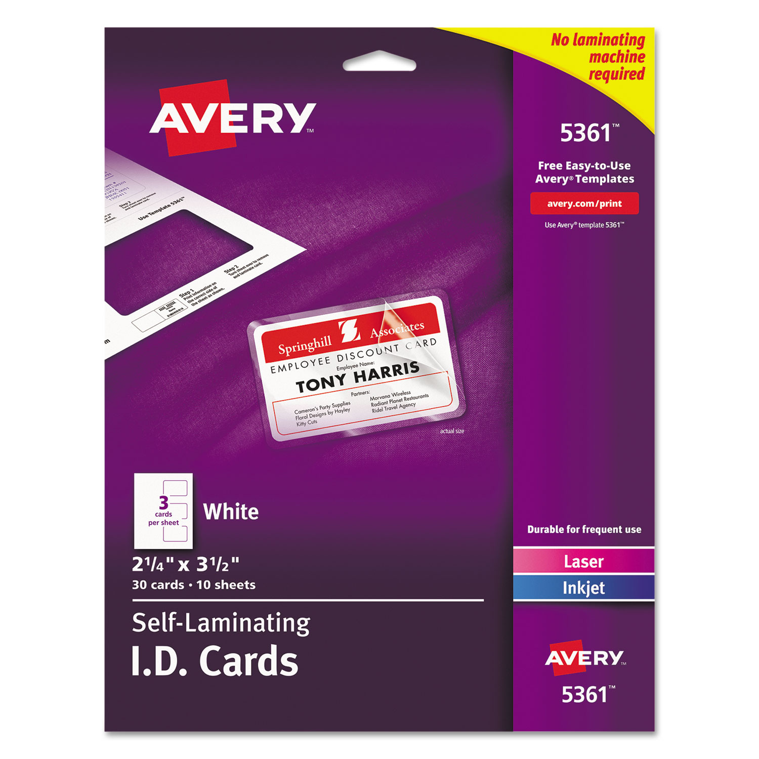  Avery 05361 Laminated Laser/Inkjet ID Cards, 2 1/4 x 3 1/2, White, 30/Box (AVE5361) 
