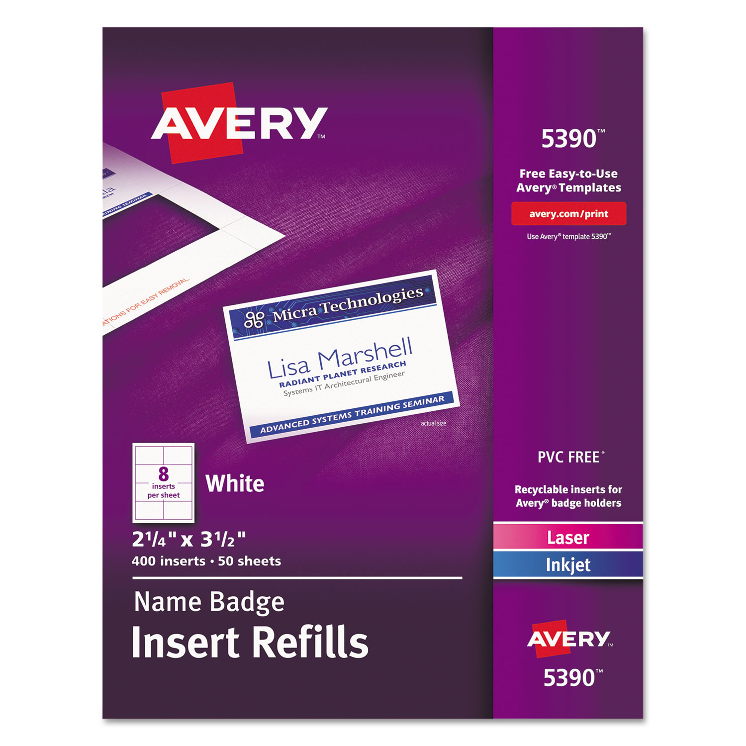  Avery 05390 Name Badge Insert Refills, Horizontal/Vertical, 2 1/4 x 3 1/2, White, 400/Box (AVE5390) 