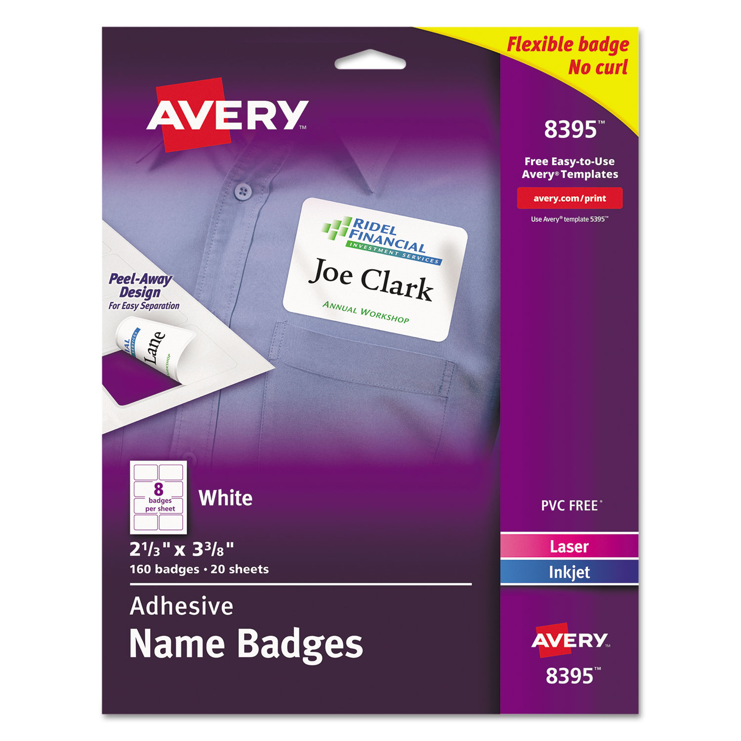  Avery 08395 Flexible Adhesive Name Badge Labels, 3.38 x 2.33, White, 160/Pack (AVE8395) 