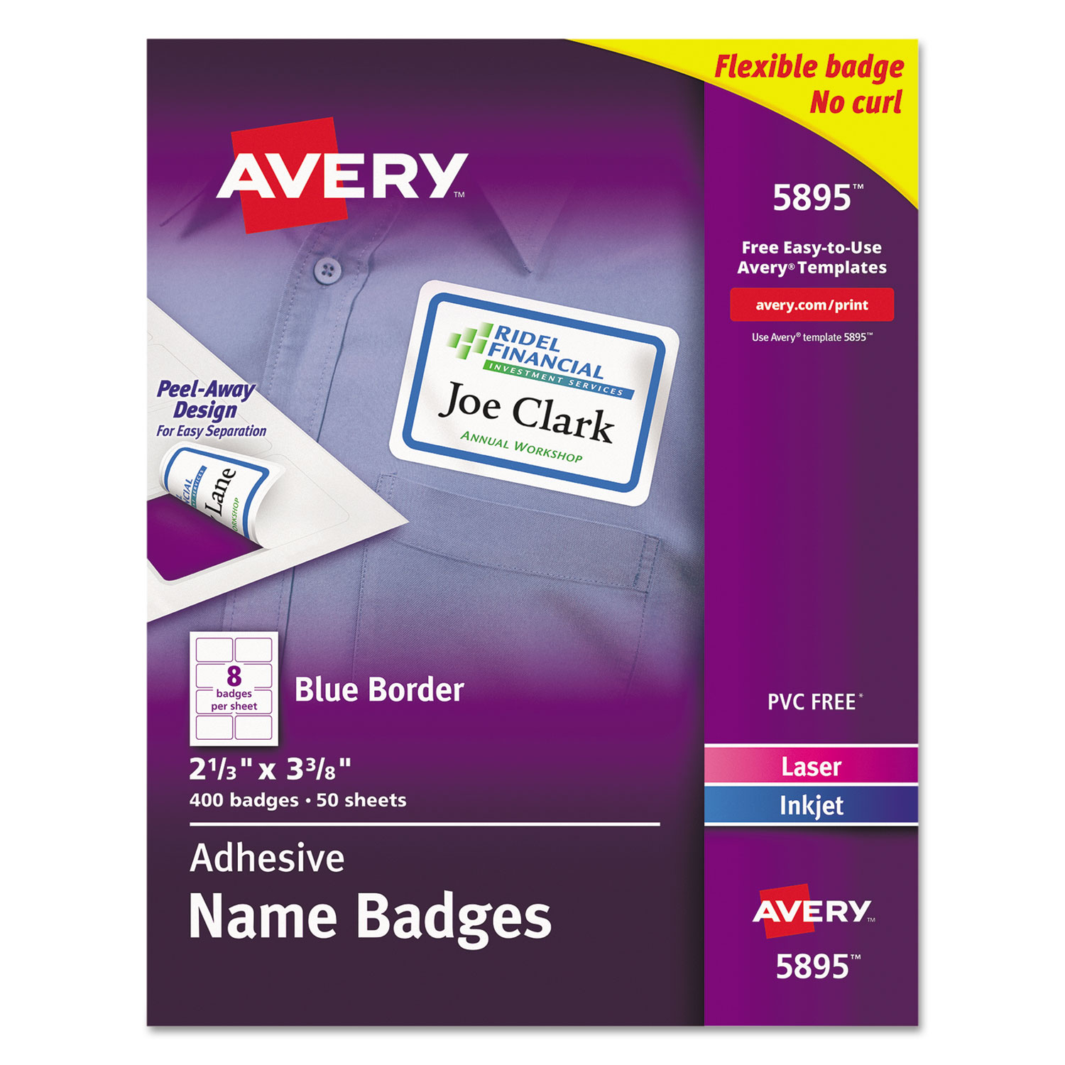  Avery 05895 Flexible Adhesive Name Badge Labels, 3.38 x 2.33, White/Blue Border, 400/Box (AVE5895) 