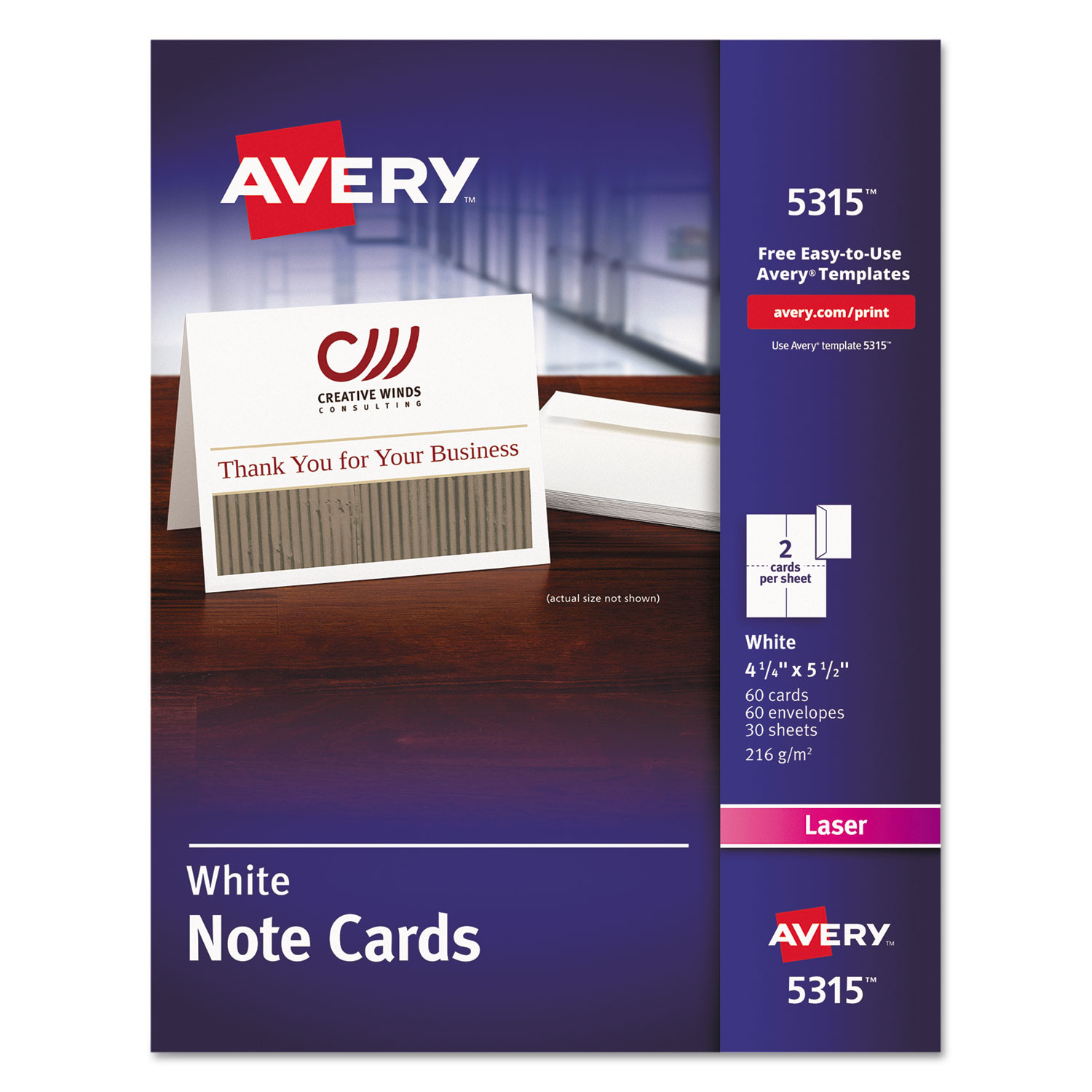 Note Cards, Laser Printer, 4 1/4 x 5 1/2, Uncoated White, 60/Pack with Envelopes