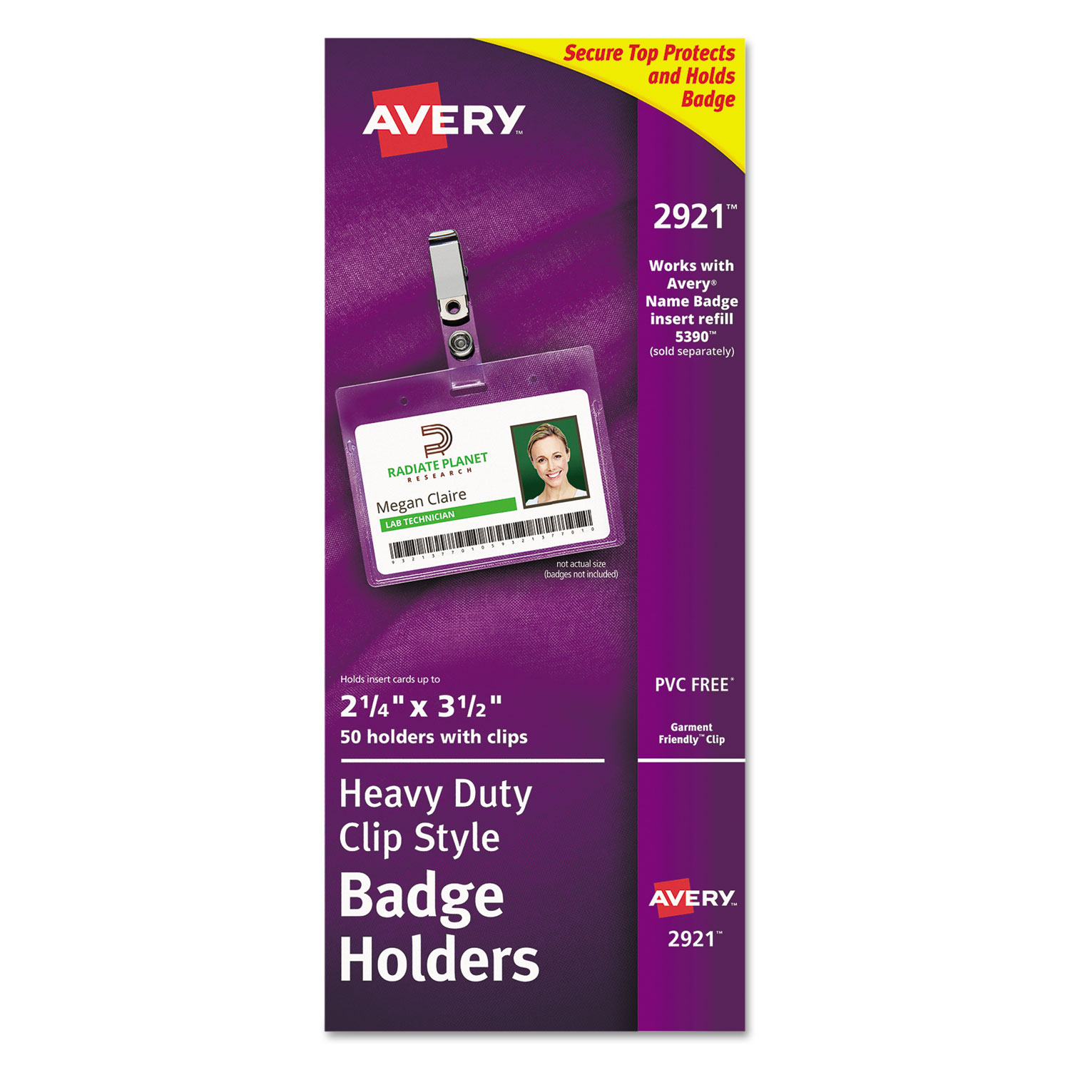  Avery 02921 Secure Top Clip-Style Badge Holders, Horizontal, 2 1/4 x 3 1/2, Clear, 50/Box (AVE2921) 