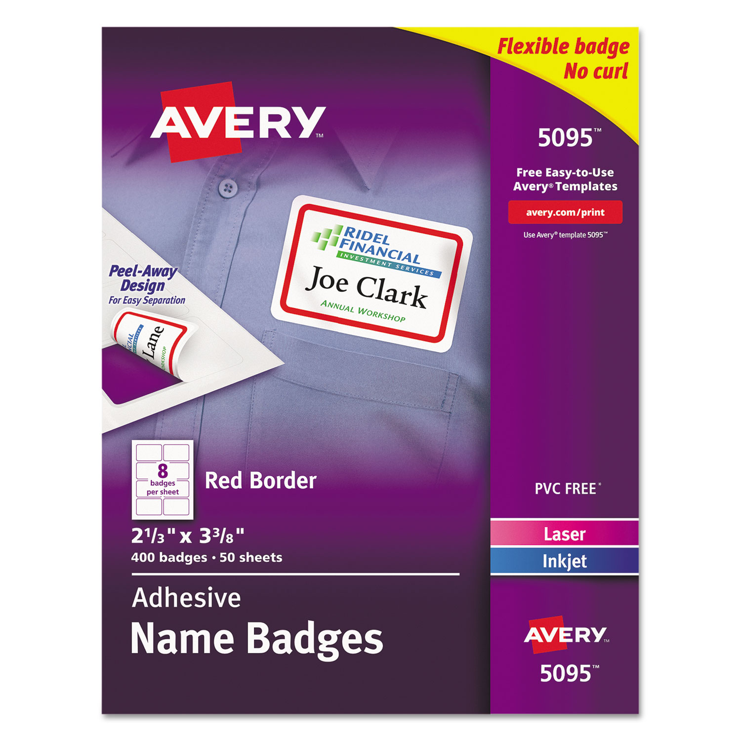  Avery 05095 Flexible Adhesive Name Badge Labels, 3.38 x 2.33, White/Red Border, 400/Box (AVE5095) 