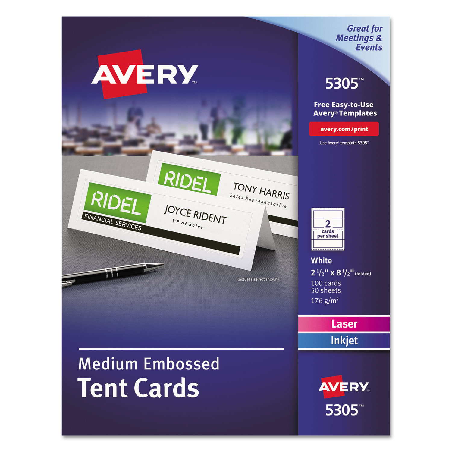 Medium Embossed Tent Cards, White, 2 1/2 x 8.5, 2 Cards/Sheet, 100/Box