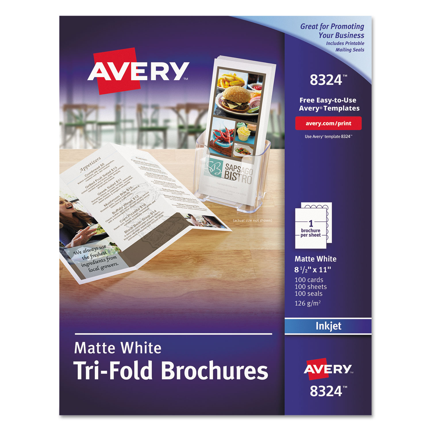  Avery 08324 Tri-Fold Brochures, 92 Bright, 83lb, 8.5 x 11, Matte White, 100/Pack (AVE8324) 