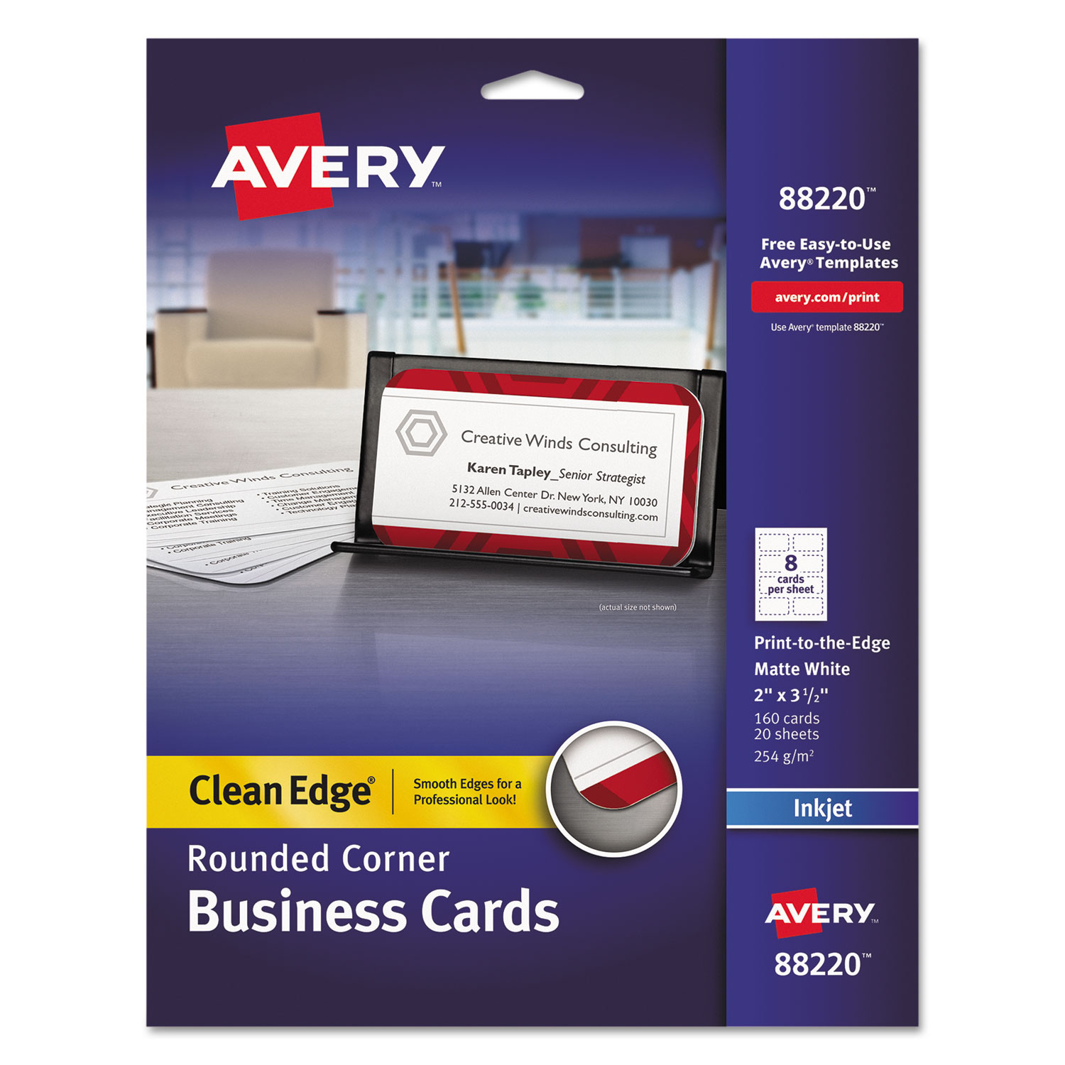 Avery® Round Corner Print-to-the-Edge Business Cards, Inkjet, 2 x 3 1/2, White, 160/PK