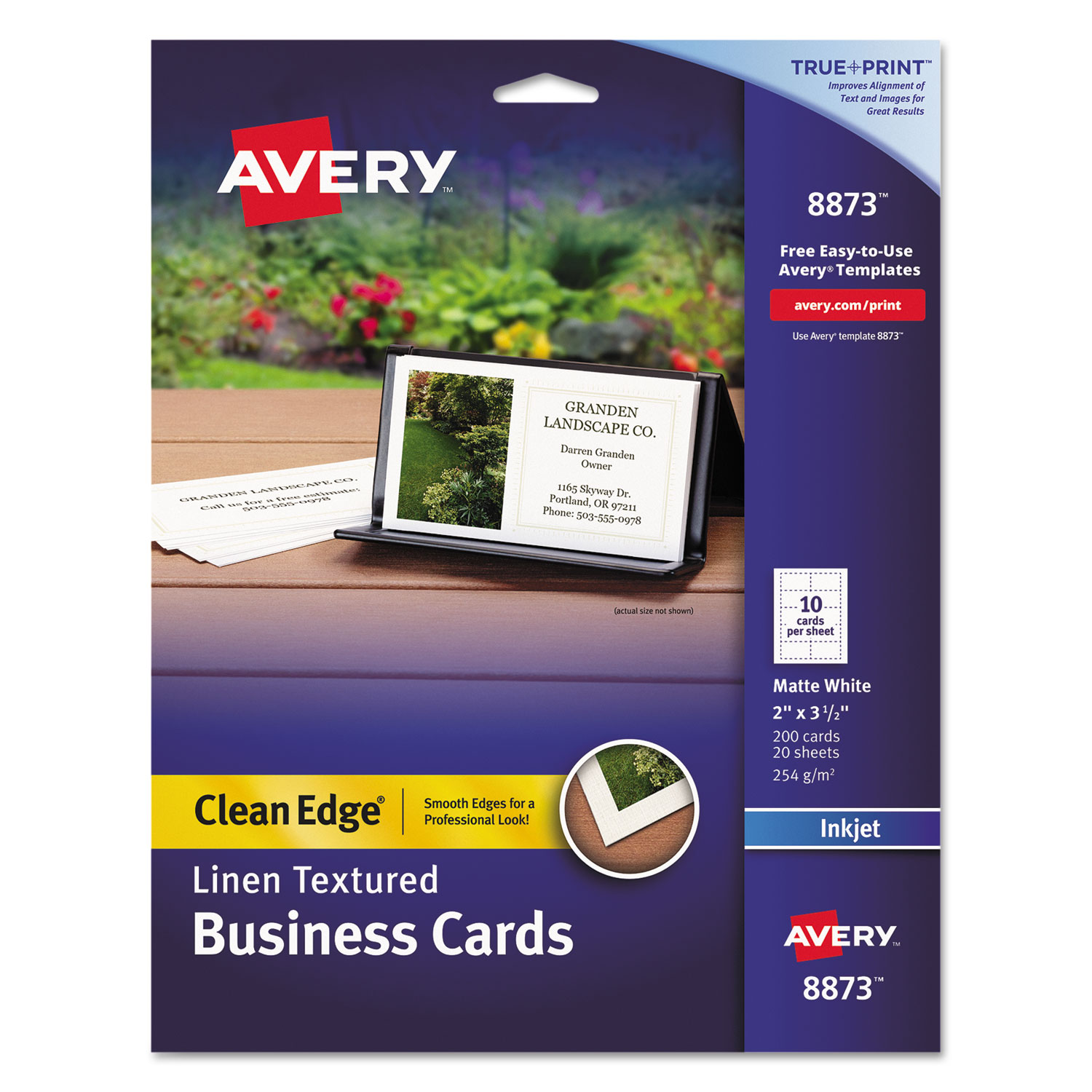  Avery 08873 Linen Texture True Print Business Cards, Inkjet, 2 x 3 1/2, Linen White, 200/Pk (AVE8873) 
