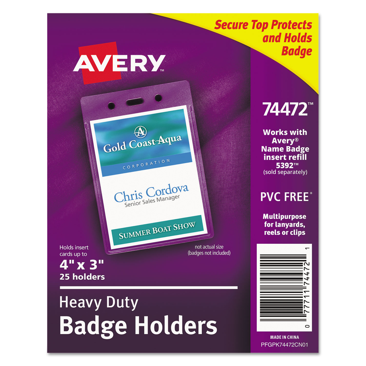  Avery 74472 Secure Top Heavy-Duty Badge Holders, Vertical, 3w x 4h, Clear, 25/Pack (AVE74472) 