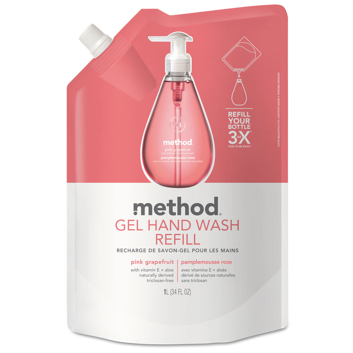  Method MTH00655 Gel Hand Wash Refill, Pink Grapefruit, 34 oz Pouch, 6/Carton (MTH00655CT) 