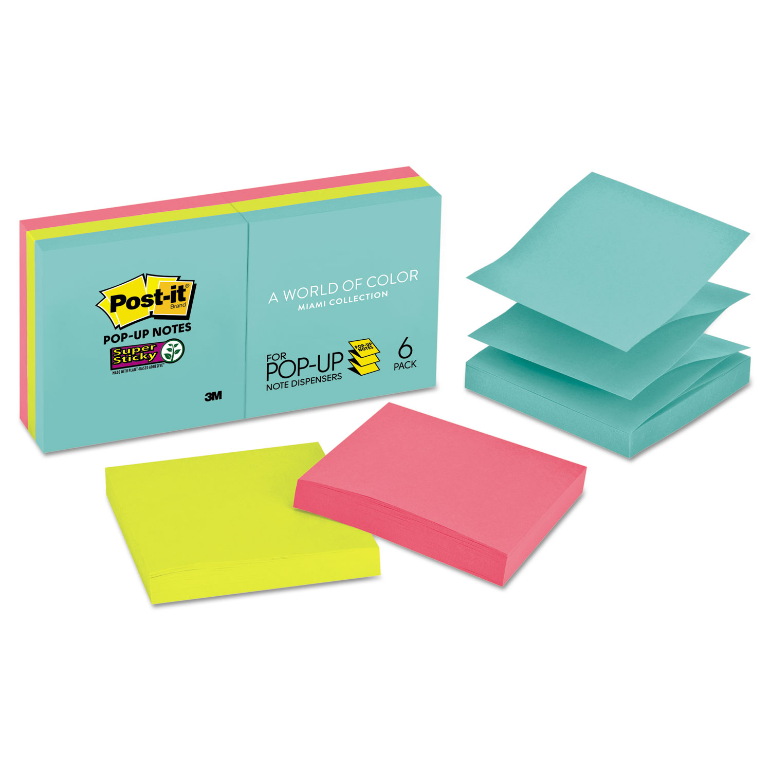  Post-it Pop-up Notes Super Sticky R330-6SSMIA Pop-up 3 x 3 Note Refill, Miami, 90/Pad, 6 Pads/Pack (MMMR3306SSMIA) 