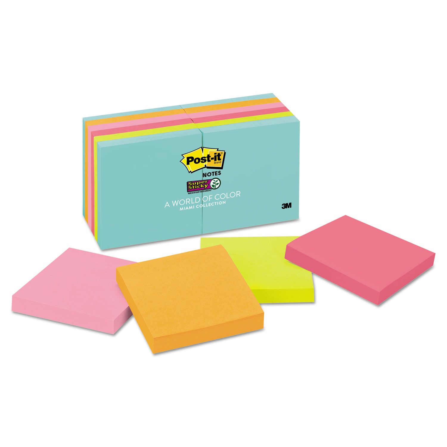  Post-it Notes Super Sticky 654-12SSMIA Pads in Miami Colors, 3 x 3, 90/Pad, 12 Pads/Pack (MMM65412SSMIA) 