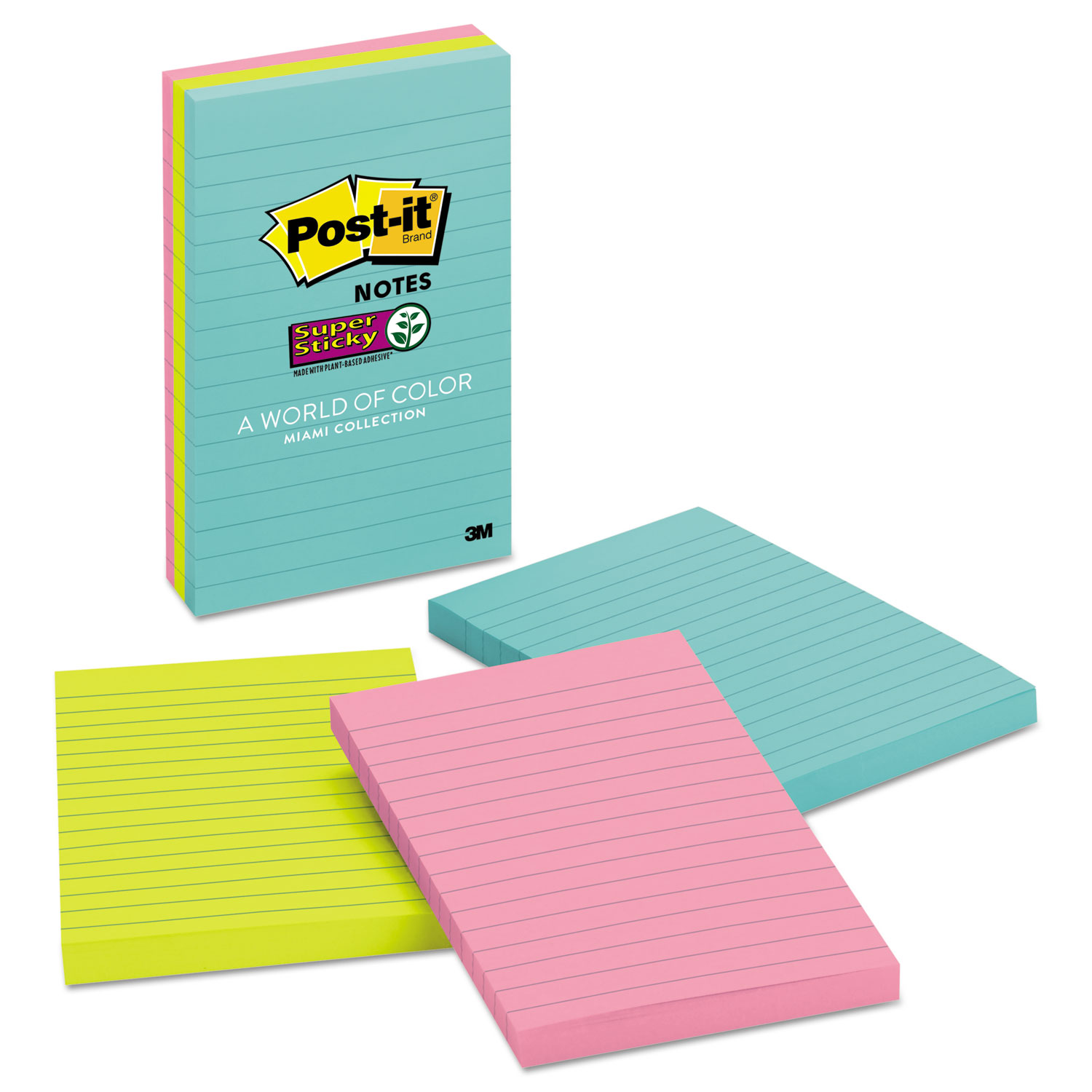  Post-it Notes Super Sticky 660-3SSMIA Pads in Miami Colors, 4 x 6, 90/Pad, 3 Pads/Pack (MMM6603SSMIA) 