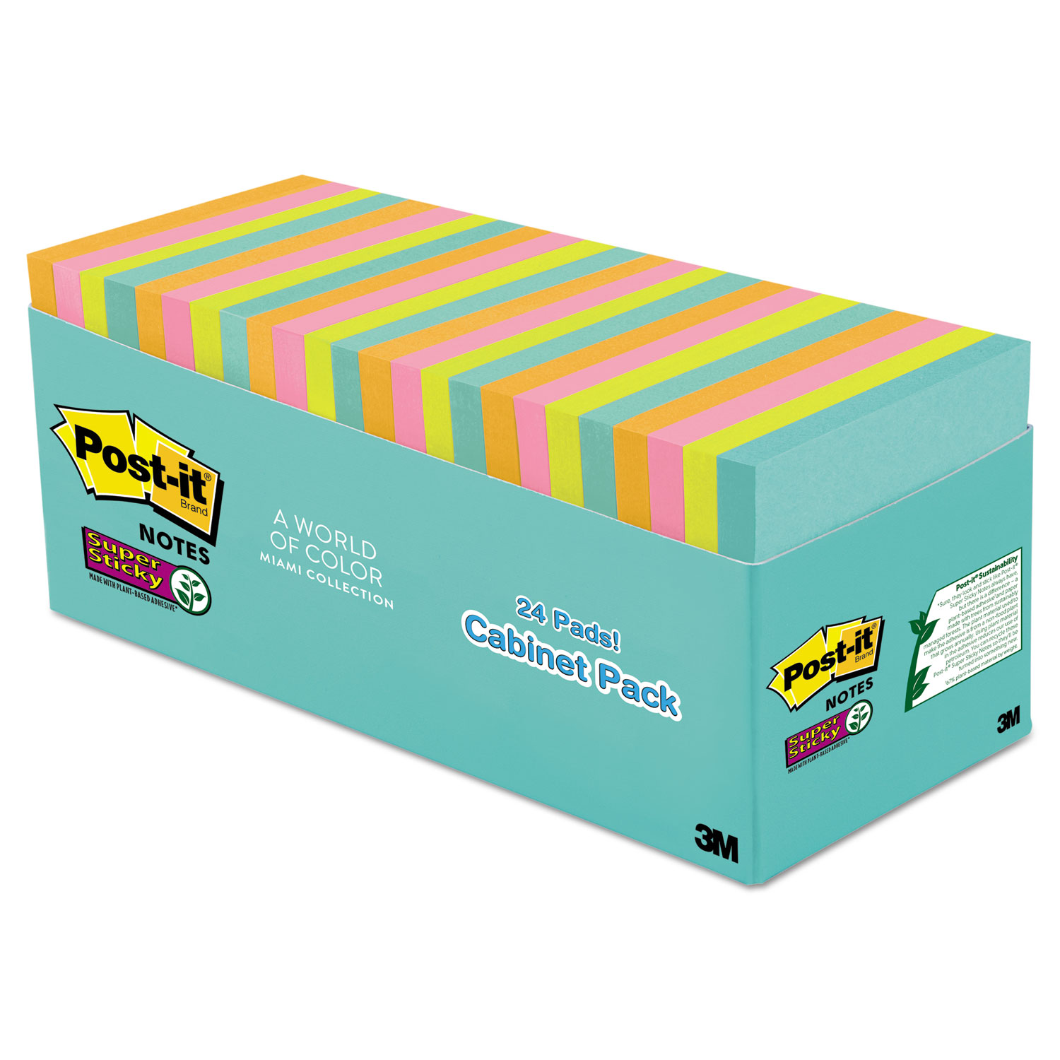  Post-it Notes Super Sticky 654-24SSMIA-CP Pads in Miami Colors, 3 x 3, 70/Pad, 24 Pads/Pack (MMM65424SSMIACP) 