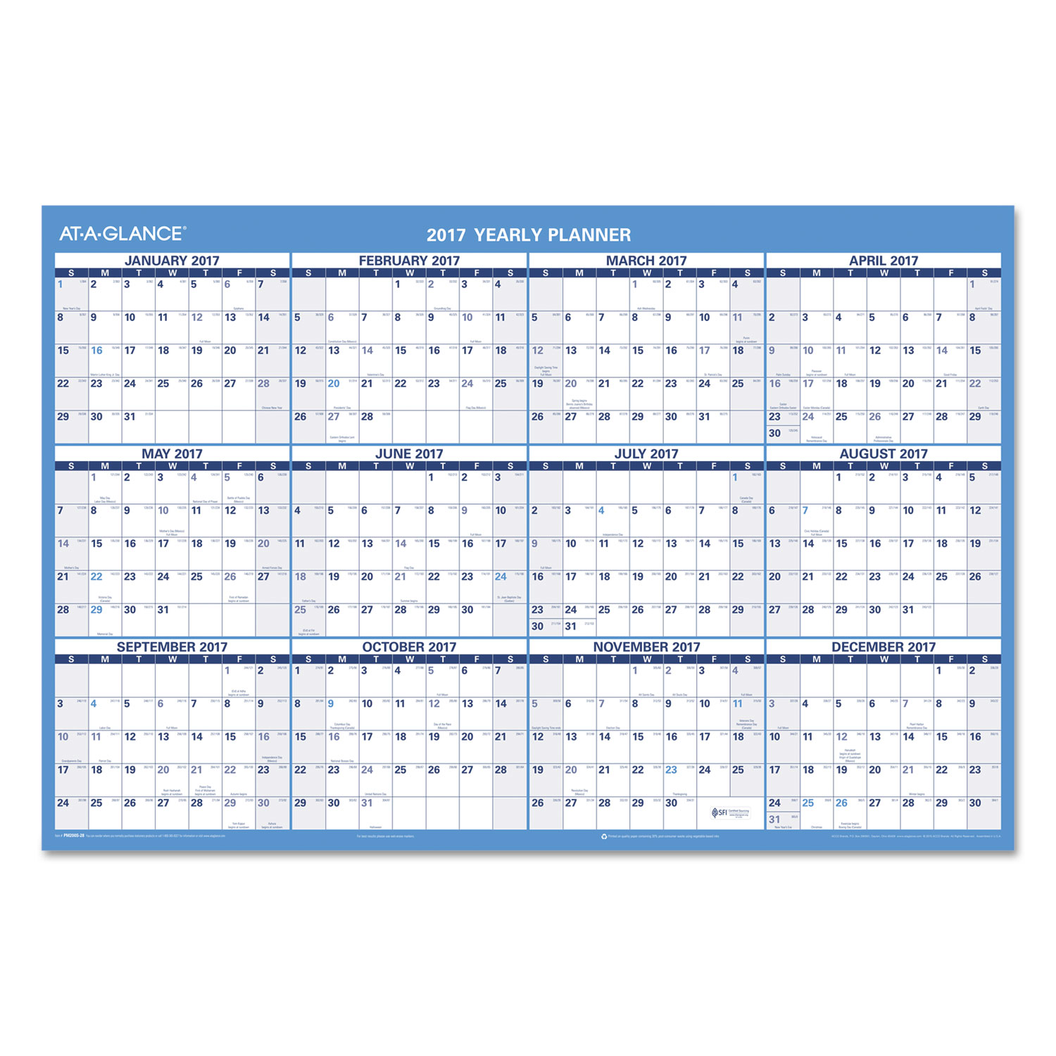 Horizontal Erasable Wall Planner, 36 x 24, Red - 2018, Blue/White - 2017-2018