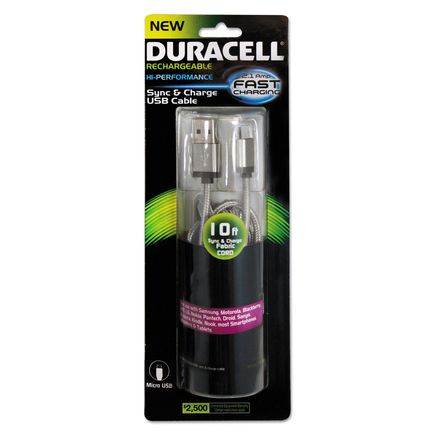  Duracell PRO907 Hi-Performance Sync And Charge Cable, Micro USB, 10ft (ECAPRO907) 