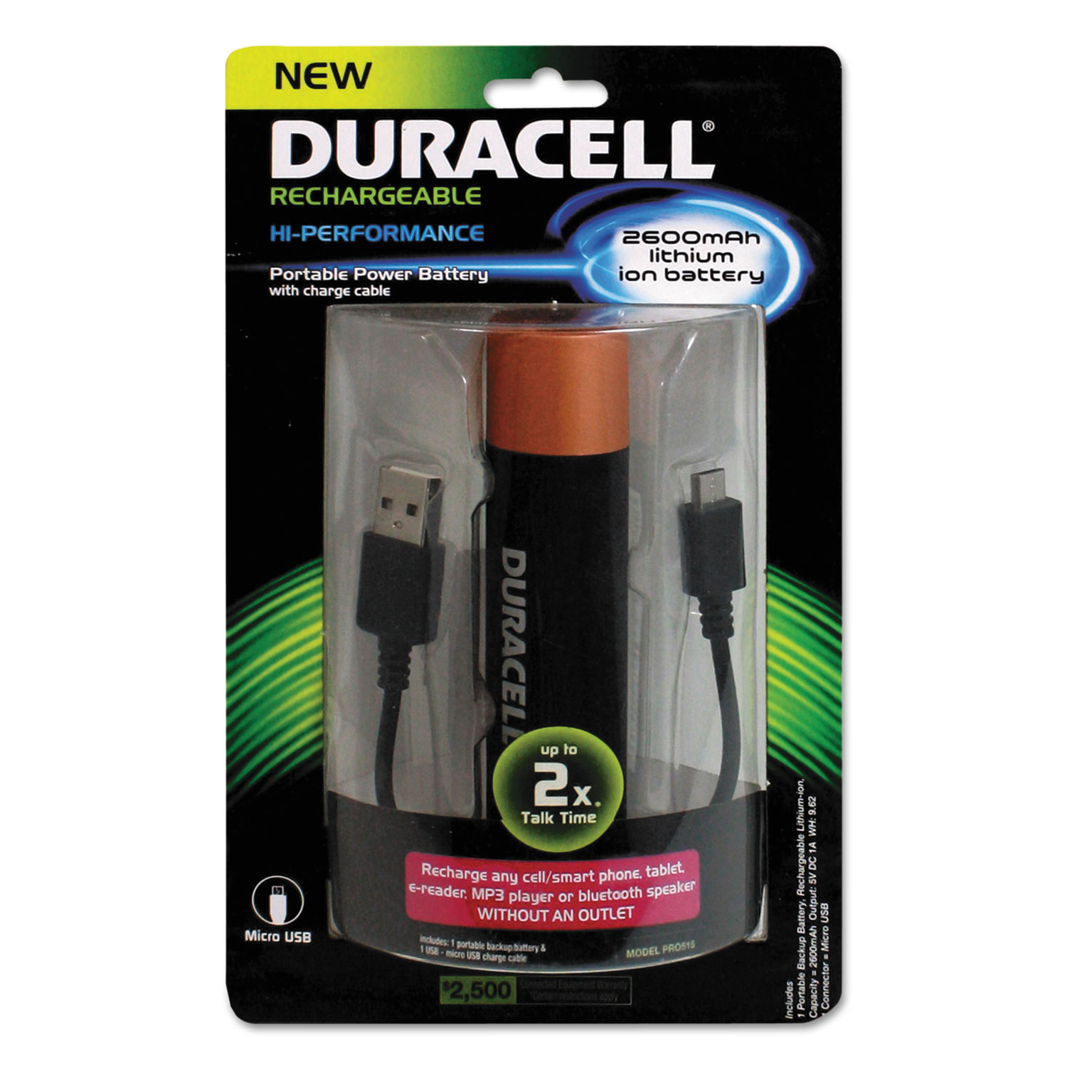  Duracell PRO515 Portable Power Bank with Micro USB Cable, 2600 mAh, Red (ECAPRO515) 