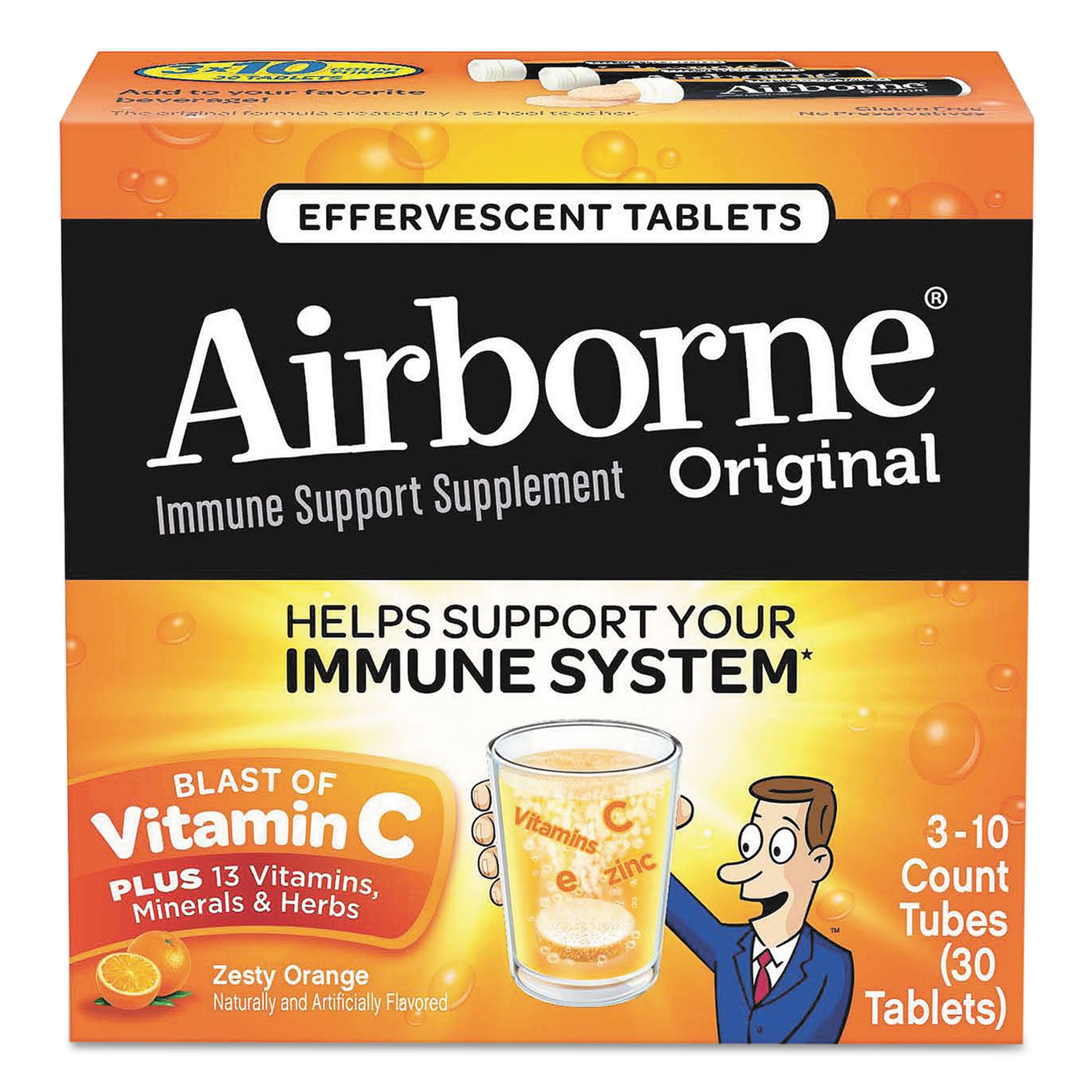  Airborne 47865-10030 Immune Support Effervescent Tablet, Zesty Orange, 30 Count (ABN10030) 