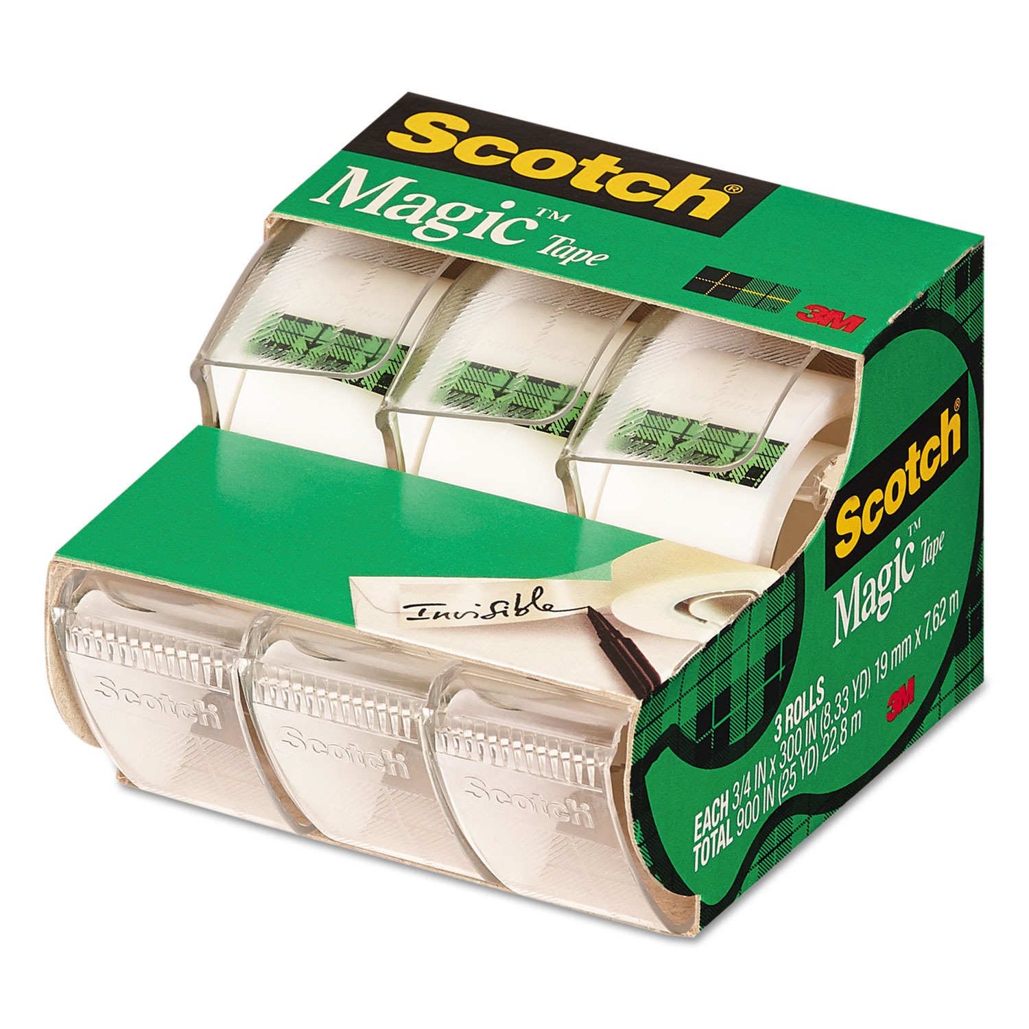  Scotch 3105 Magic Tape in Handheld Dispenser, 1 Core, 0.75 x 25 ft, Clear, 3/Pack (MMM3105) 