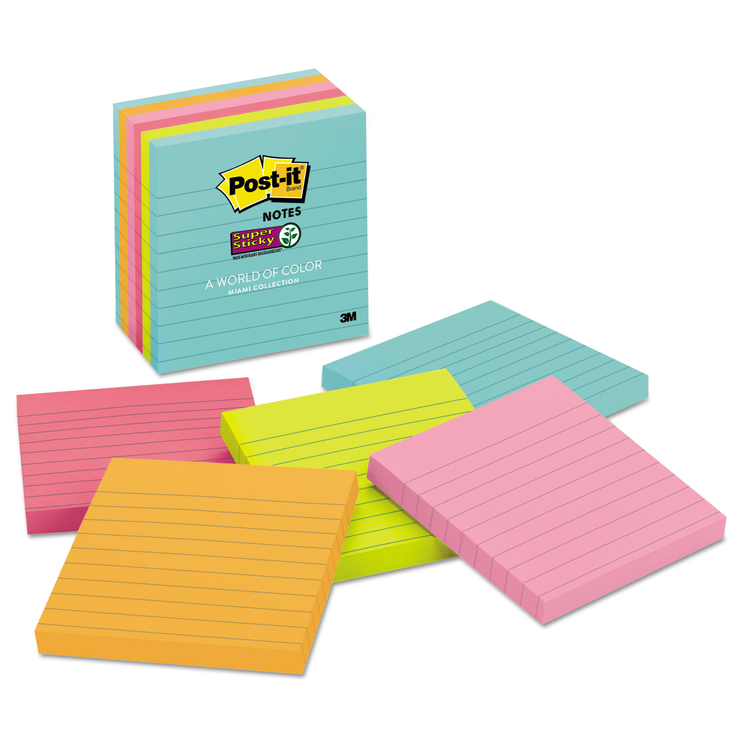  Post-it Notes Super Sticky 675-6SSMIA Pads in Miami Colors, Lined, 4 x 4, 90/Pad, 6 Pads/Pack (MMM6756SSMIA) 